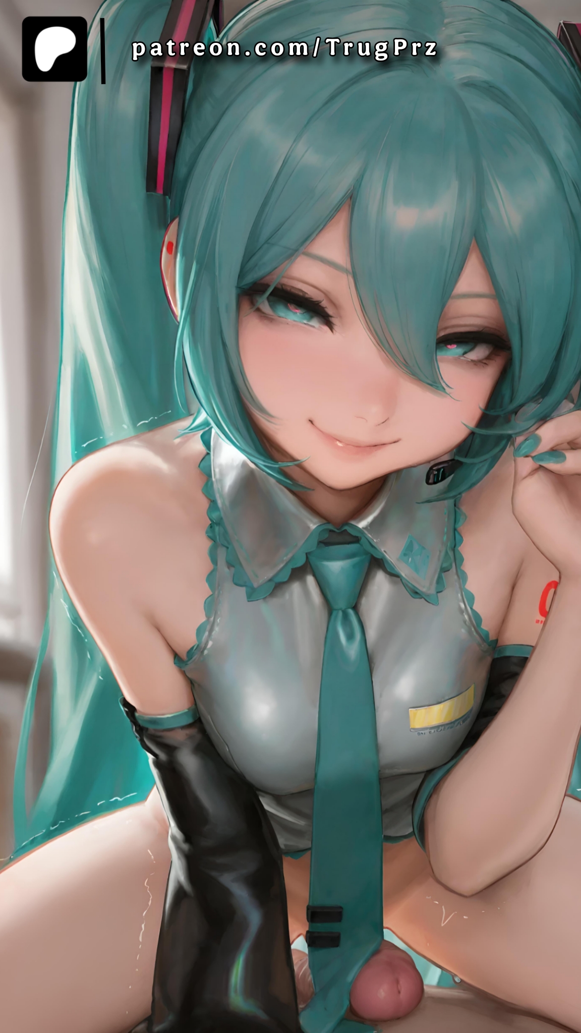 1boy, 1girl, 1girls, ai generated, aqua eyes, aqua hair, aqua nails, aqua necktie, bar censor, bare shoulders, bottomless, breasts, censored, cowgirl position, detached sleeves, female, hair between eyes, hatsune miku, headset, heart, heart-shaped pupils, hetero, imminent penetration, imminent sex, long hair, looking at viewer, male, nail polish, naughty face, necktie, penis, pov, smile, solo focus, spread legs, symbol-shaped pupils, tattoo, trembling, trugprz, twintails, very long hair, vocaloid