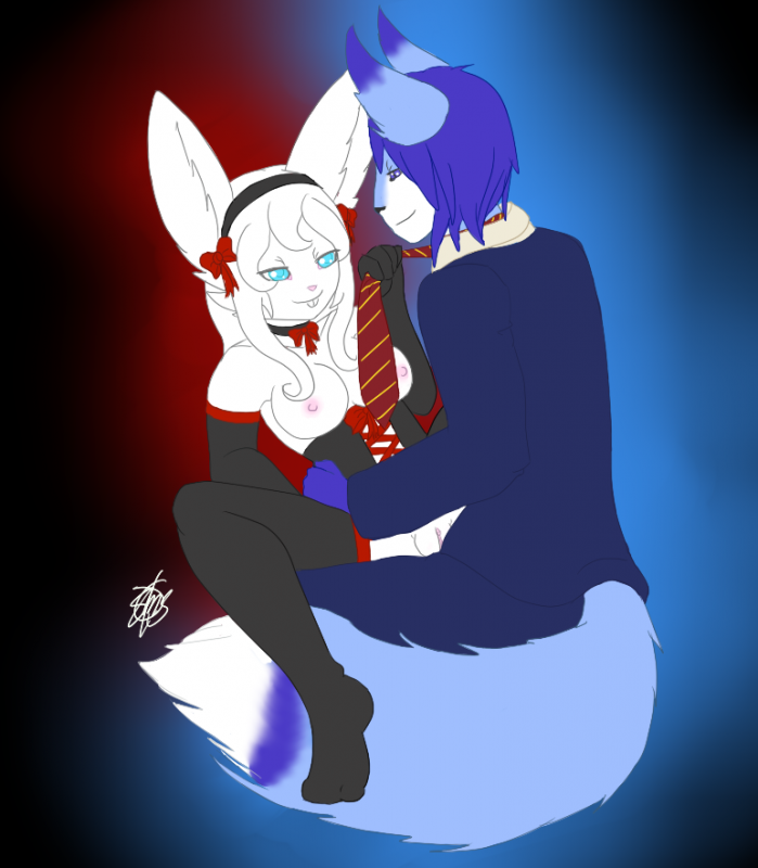 anthro blue_eyes blue_fur blue_hair canine clothed clothing cornflower corset fox fur furry hair lagomorph necktie nipples pussy rabbit spread_legs spreading stockings white_fur