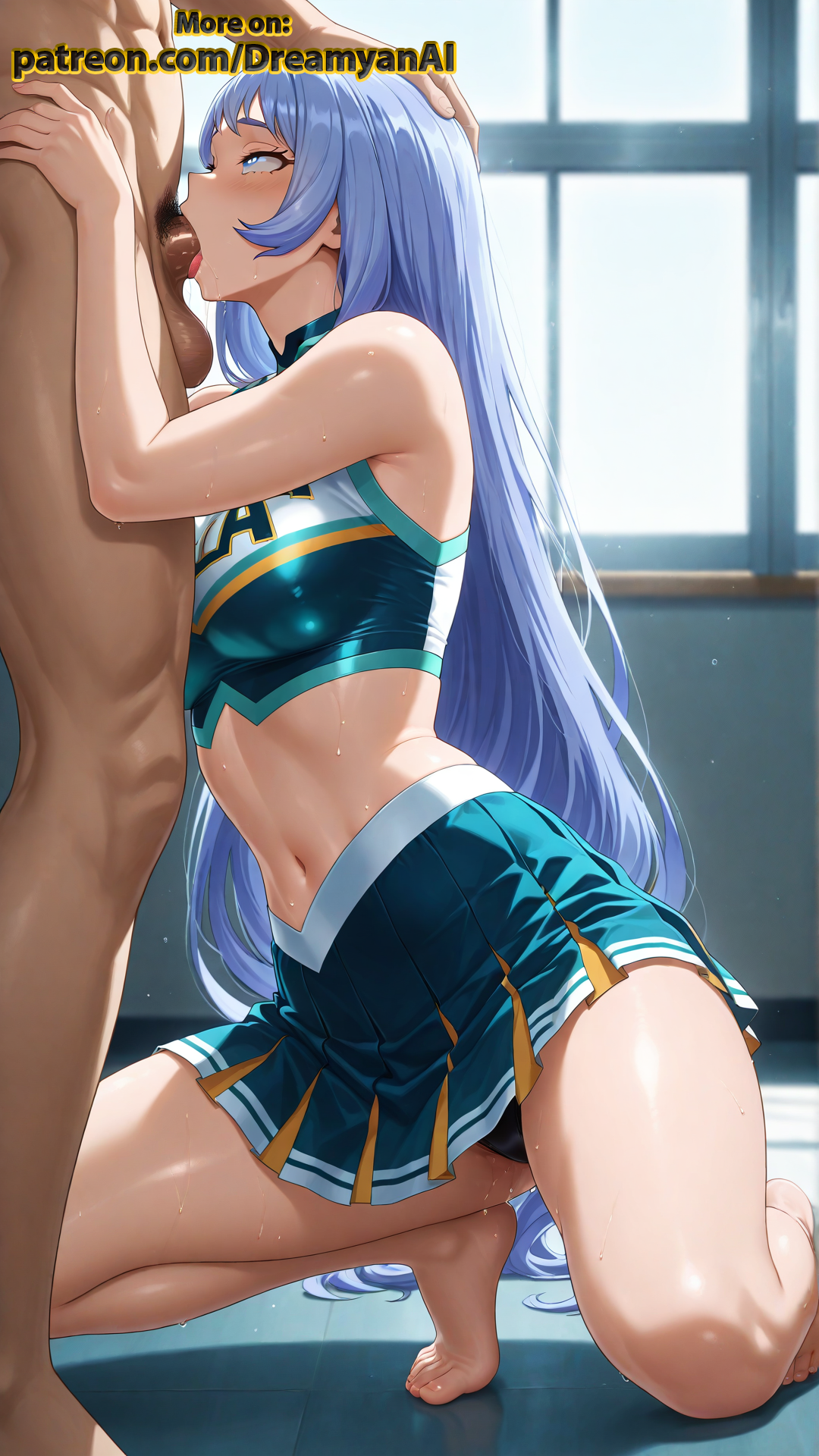 2025, ai assisted, ai generated, all the way to the base, anime, anime style, artist name, bare shoulders, barefoot, blowjob, blue eyes, blue hair, boku no hero academia, breasts, cheerleader, cheerleader outfit, cheerleader uniform, deepthroat, dreamyan ai, feet, fellatio, female, hadou nejire, hi res, high quality, high resolution, highres, holding head, legs, my hero academia, nejire hado, patreon, throat fuck, uncensored