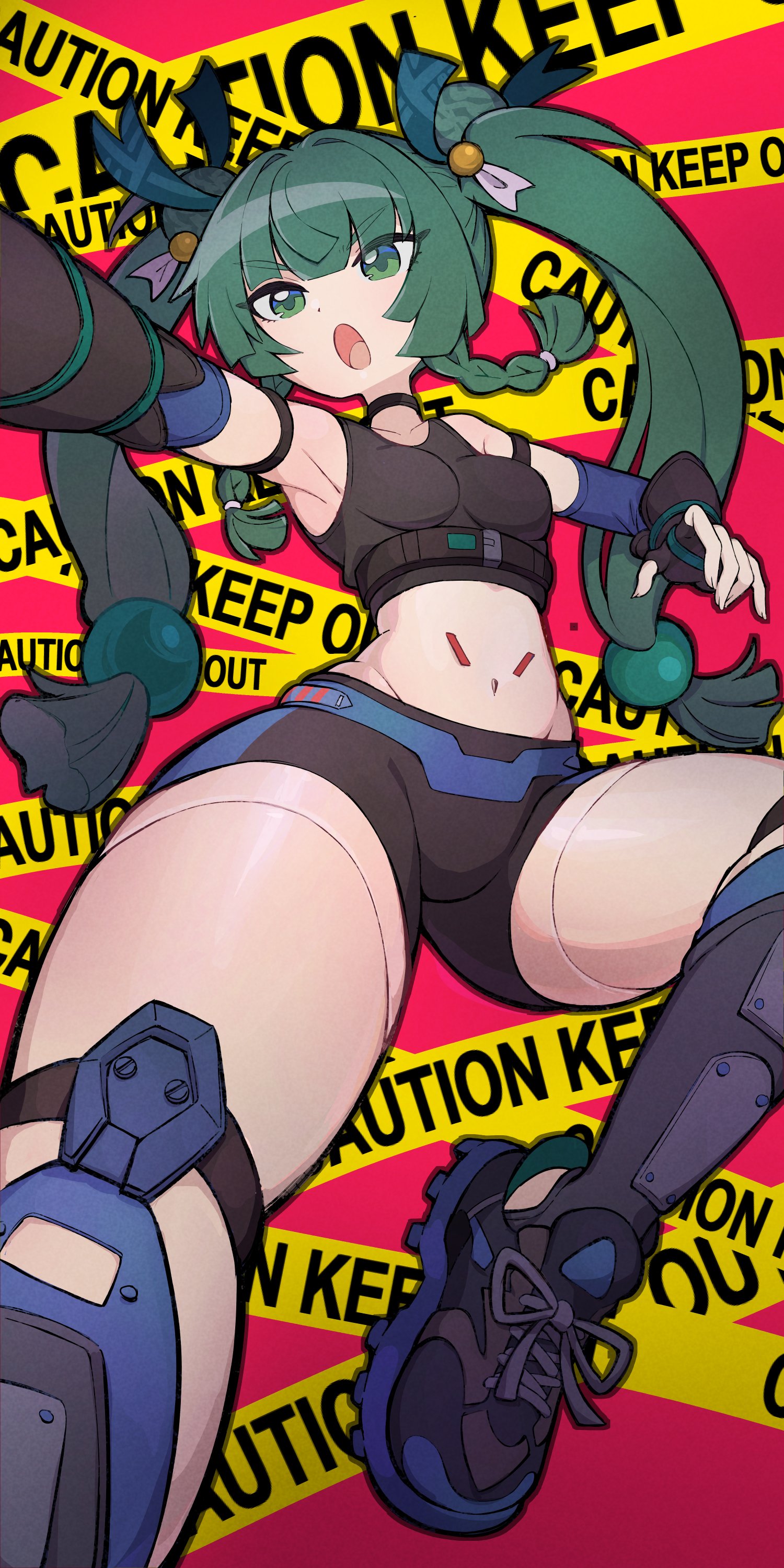 armpits, breasts, caution tape, female, female only, green hair, nishitin, qingyi (zenless zone zero), red background, small breasts, thick thighs, zenless zone zero