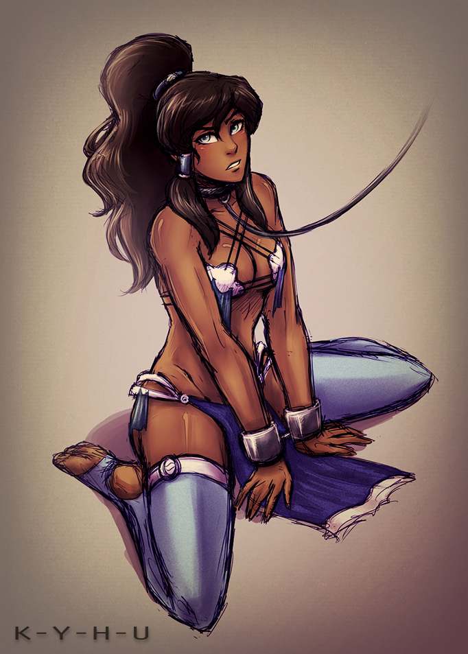 1girls, avatar legends, breasts, cleavage, clothing, collar, cosplay, dark skin, dark-skinned female, female, female only, femsub, hourglass figure, human, k-y-h-u, korra, leash, loincloth, looking at viewer, medium breasts, ponytail, slave, solo, stockings, the avatar, the legend of korra, thigh highs, tied hair, water tribe