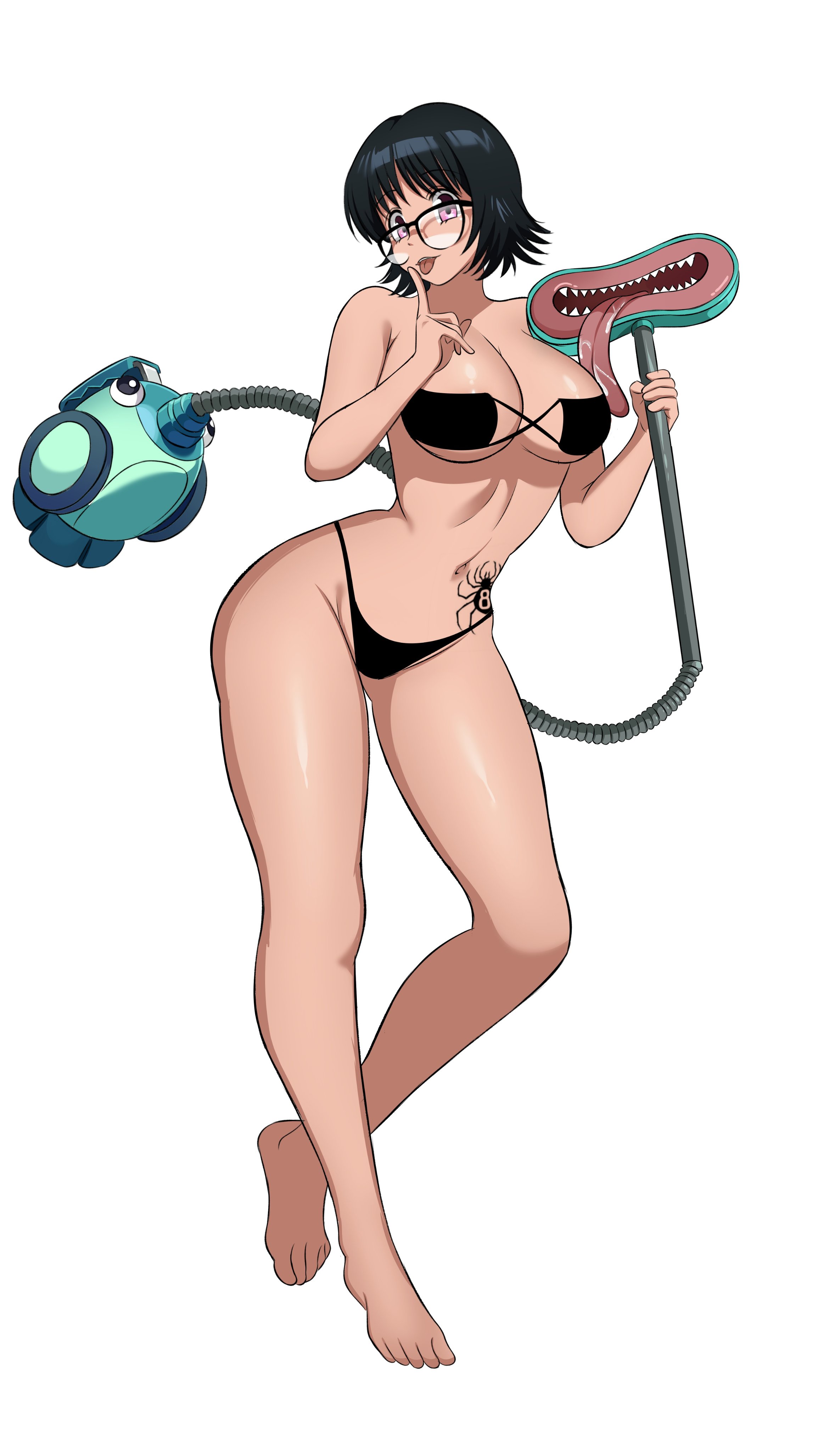 absurdres, barefoot, big breasts, bikini, black bikini, black hair, blinky (hunter x hunter), breasts, cleavage, commission, female, glasses, highres, hunter x hunter, large breasts, looking at viewer, phantom troupe, pink eyes, shizuku murasaki, short hair, simple background, solo, spider tattoo, swimsuit, tattoo, tongue, tongue out, white background, zuyu (zuyuzuyu6), zuyuzuyu6