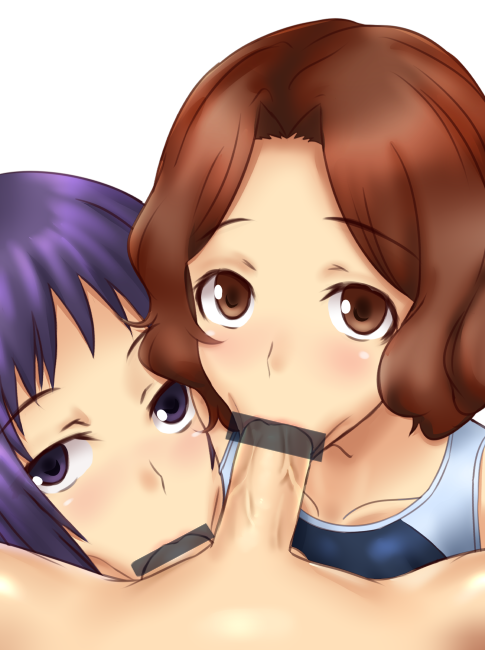 2girls :>= awatsuki_maaya ball_sucking blush brown_hair censored collaborative_fellatio fellatio group_sex long_hair multiple_fellatio multiple_girls myu-po one-piece_swimsuit oral penis purple_eyes purple_hair short_hair straight swimsuit teamwork to_aru_kagaku_no_railgun to_aru_majutsu_no_index wannai_kinuho