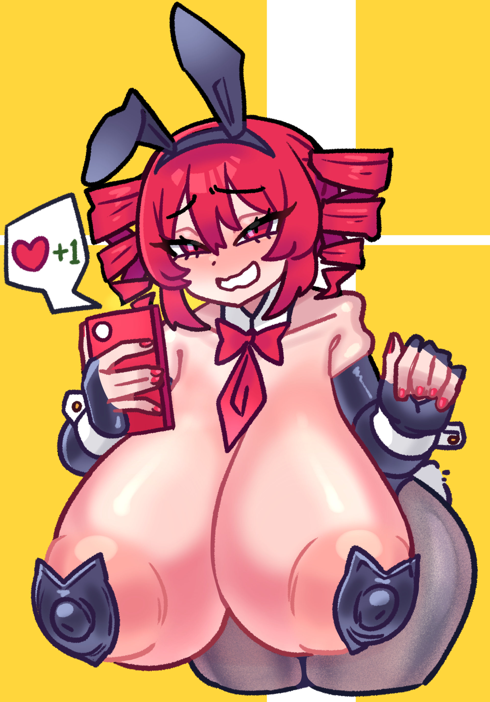 1girls, 2d, 2d (artwork), areolae, artist request, big breasts, breasts, breasts bigger than head, breasts bigger than torso, bunny ears, bunnysuit, cleavage, detached collar, female, female only, ggo, gigantic breasts, heart, heart symbol, huge areolae, huge breasts, huge thighs, kasane teto, large areolae, large breasts, latex, latex clothing, latex gloves, leviteto (synthesizer v), looking at viewer, massive breasts, mv character, nail polish, nervous smile, nipple bulge, nipple pasties, nipples, painted nails, pasties, phone, red eyes, red hair, simple background, smile, solo, solo female, synthesizer v, thick thighs, thighs, twin drills, utau, wavy mouth, wide hips