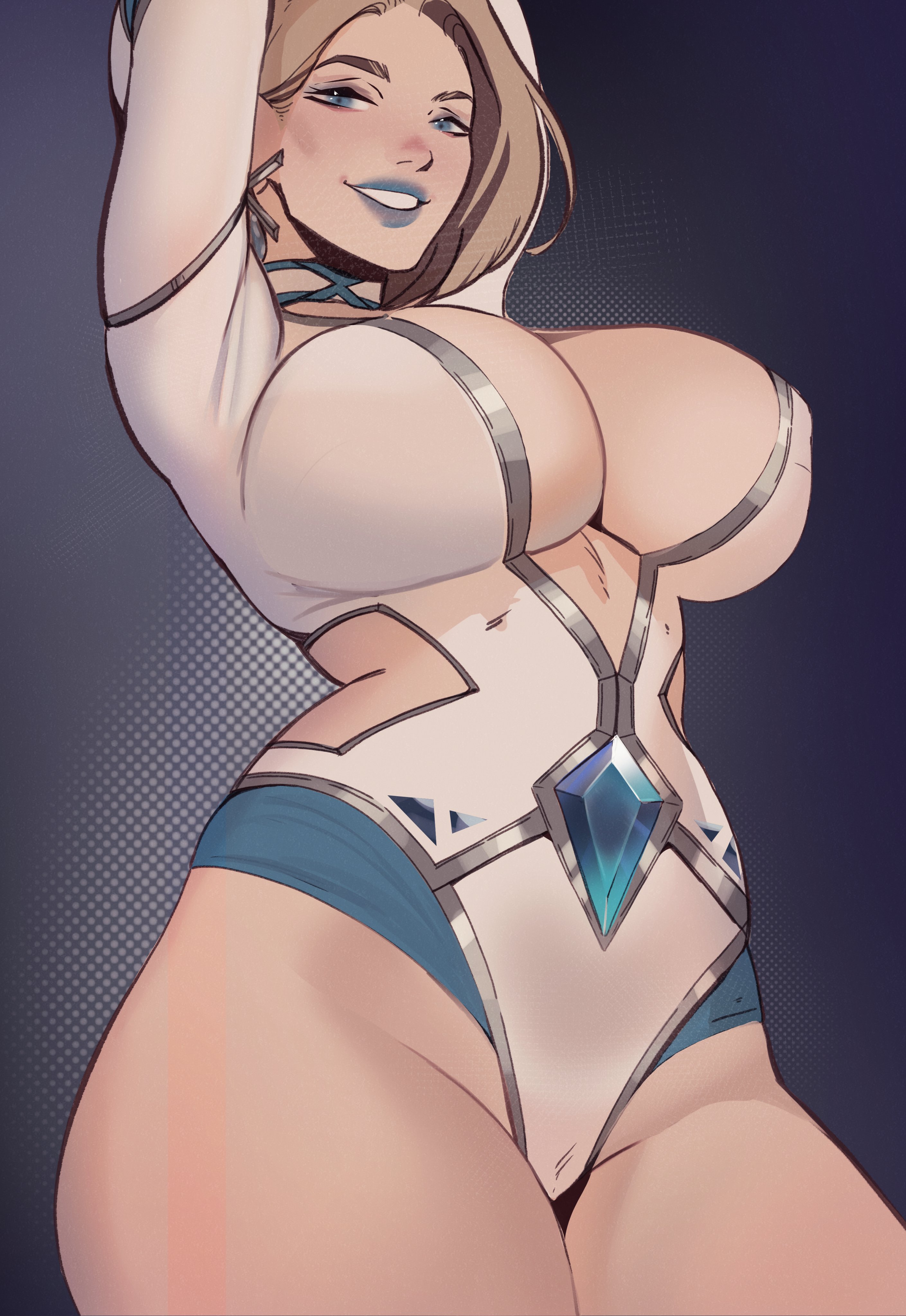 2d, arms up, athletic, athletic female, athletic thighs, blonde female, blonde hair, blue eyes, blue lipstick, bob cut, breasts, clothed, clothed female, emma frost, emma frost (marvel rivals), female, holymeh, huge breasts, marvel, marvel comics, marvel rivals, thick thighs, thighs, wide hips