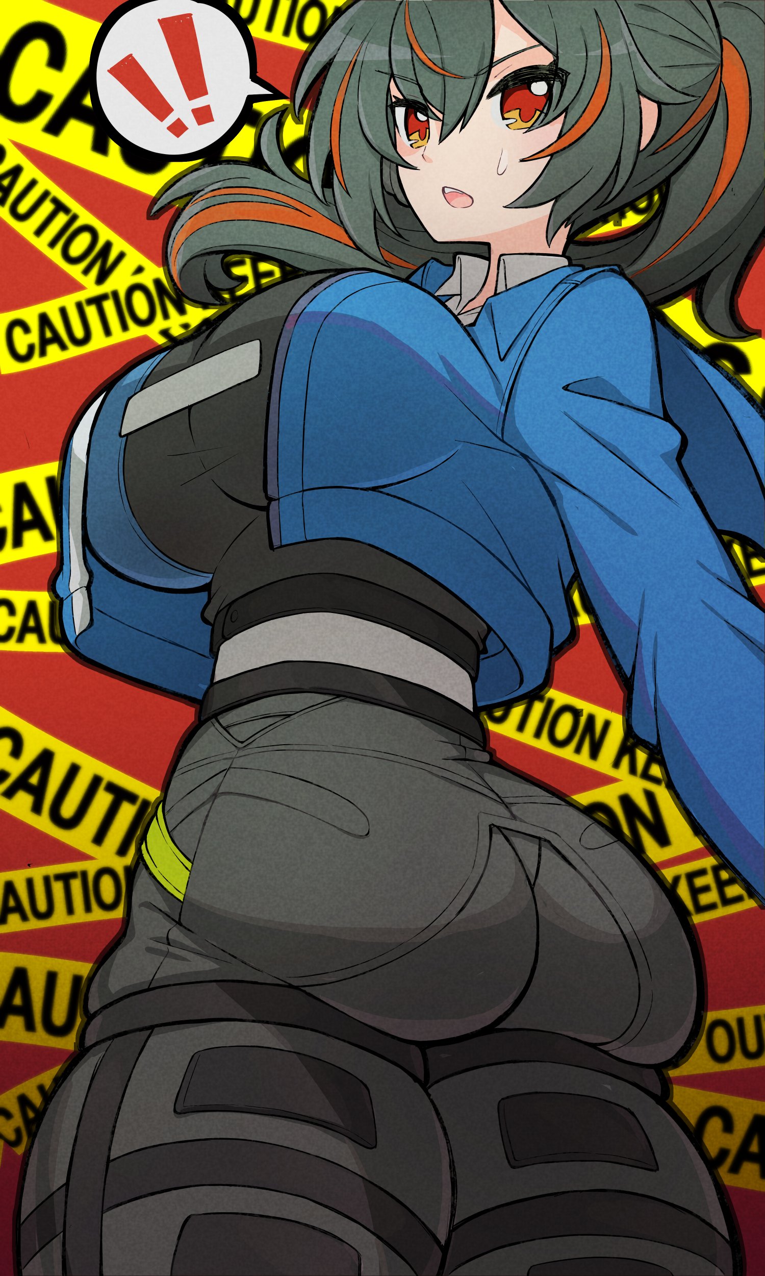 ass, ass focus, big breasts, black hair, breasts, caution tape, female, female only, new eridu public security, nishitin, red background, red hair, zenless zone zero, zhu yuan