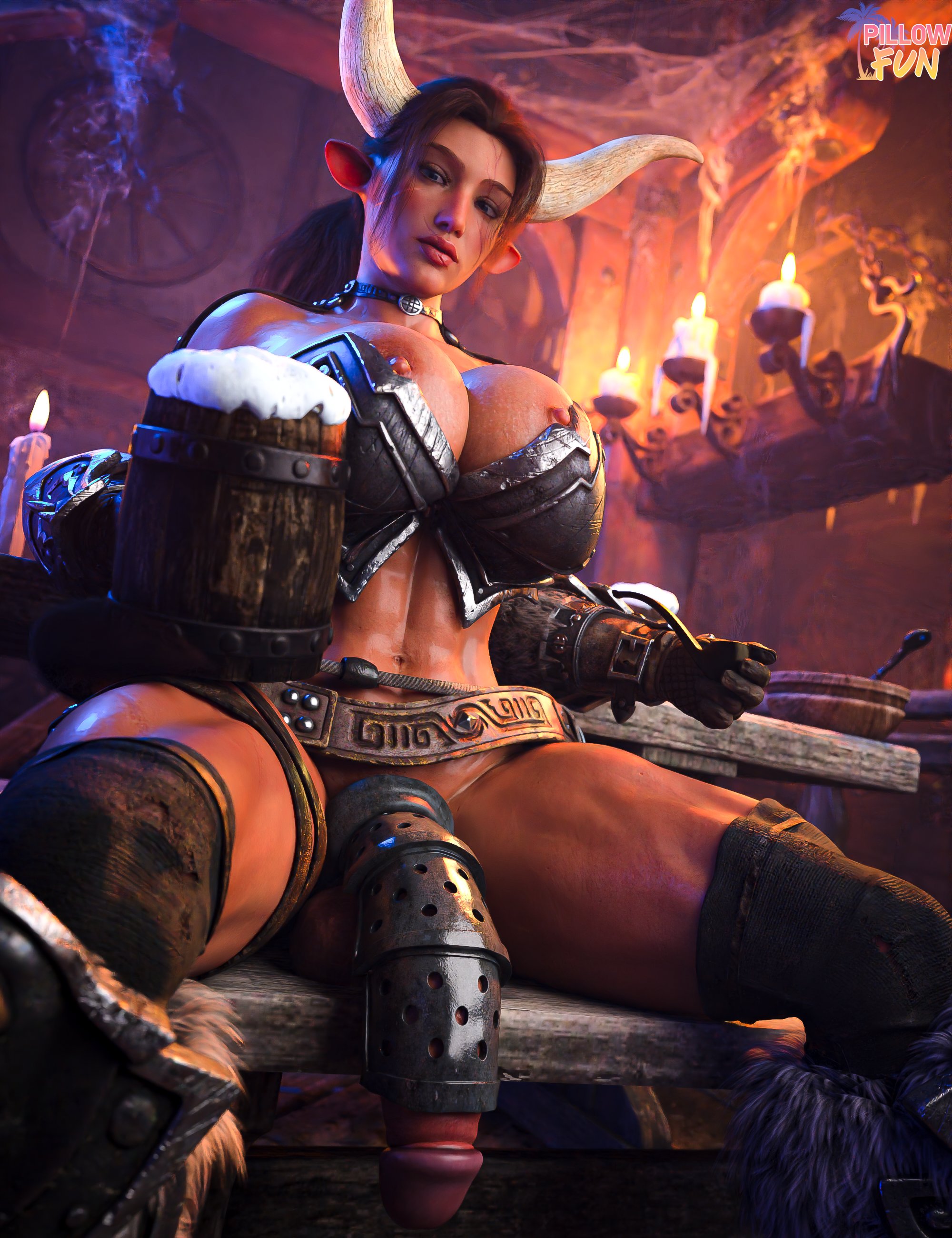 1futa, 3d, abs, armor, big breasts, big penis, breasts, brown hair, futa only, futanari, horns, huge breasts, huge cock, intersex, minotaur, mug, muscular, muscular futa, nipples, penis, penis armor, pillowfun, solo