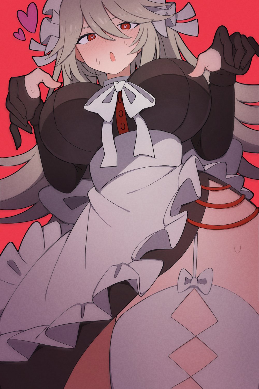 1girls, alexandrina sebastiane, big breasts, big thighs, breasts, female, female only, flushed face, from below, grey hair, heart-shaped pupils, maid, maid apron, maid headdress, maid outfit, nishitin, red eyes, red-eyed female, silver hair, silver-haired female, sole female, stockings, thick thighs, thigh highs, thighhighs, zenless zone zero