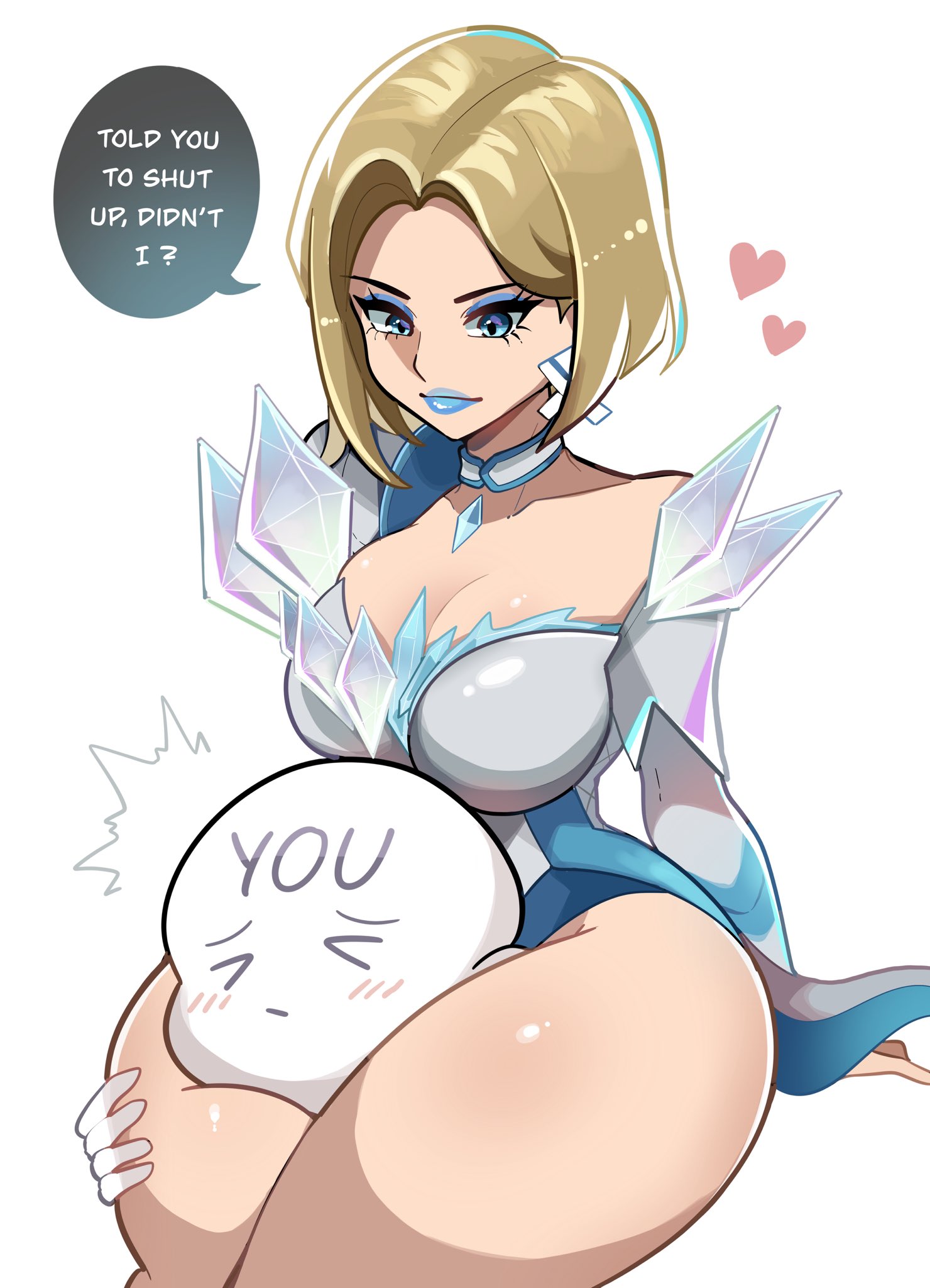 1girls, 2d, blonde female, blue lipstick, bob cut, breasts, cleavage, clothed, clothed female, emma frost, emma frost (marvel rivals), english text, female, female focus, female only, femdom, head between thighs, headlock, headlock with thighs, headscissor, hi res, instagram link, large breasts, light skin, light-skinned female, looking down, marvel, marvel comics, marvel rivals, solo, text, thick thighs, thighs, touyarokii, twitter link, wide hips