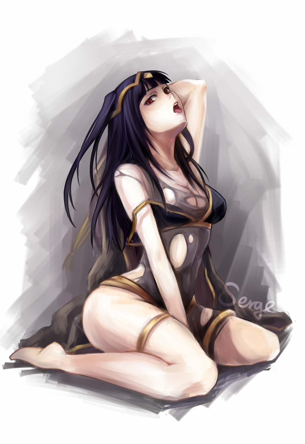 arm behind head, bangs, bare arms, bare legs, barefoot, between legs, blunt bangs, bodysuit, breasts, cape, female, female only, fire emblem, fire emblem awakening, hair ornament, hand between legs, highres, long hair, medium breasts, nintendo, open mouth, purple hair, red eyes, serge komiko, sitting, solo, tharja (fire emblem), tied hair, tongue, tongue out, torn bodysuit, torn clothes, twintails