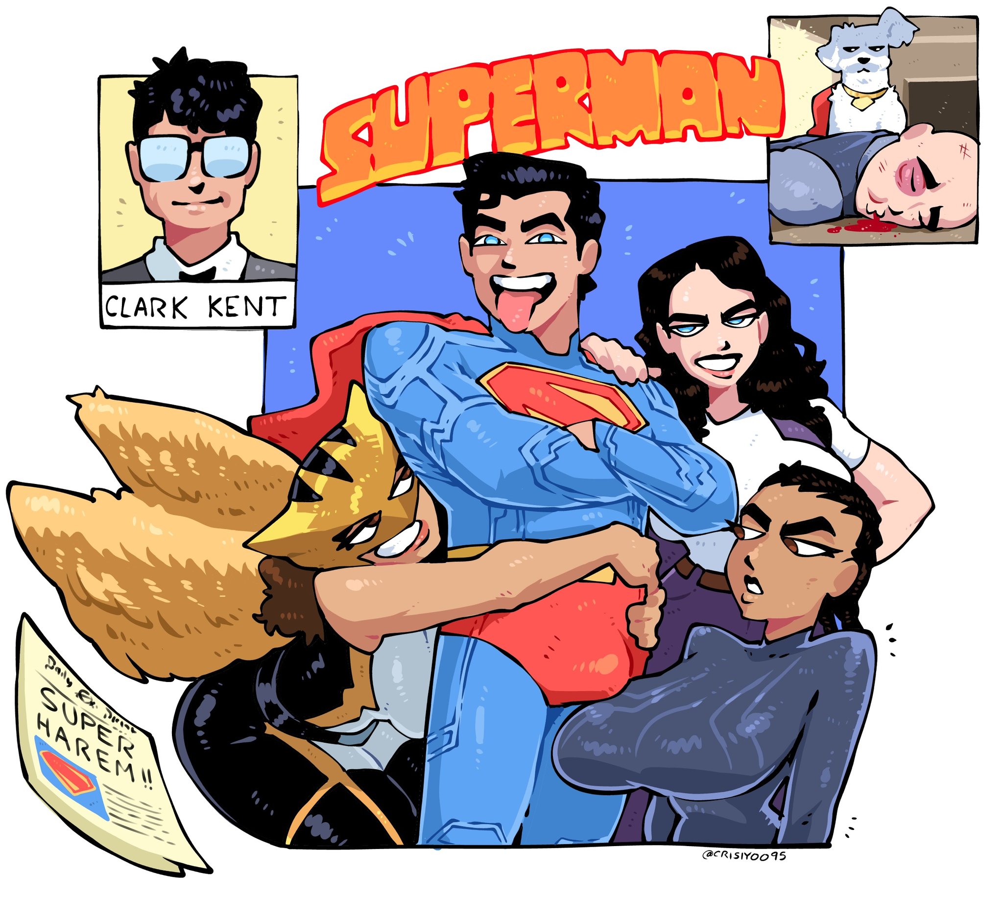 3boys, 3girls, angela spica, big breasts, black hair, breasts, clark kent, crisiyotron, dark skin, dark-skinned female, dc, dc comics, dcu, elcrisiyoo, female, harem, hawkgirl, hawkgirl (dcu), kendra saunders, krypto, large breasts, latina, lex luthor, lex luthor (dcu), lois lane, lois lane (dcu), male, multiple boys, multiple females, multiple girls, multiple males, peruvian, peruvian female, superman, superman (2025), superman (dcu), superman (series), the engineer, the engineer (dcu), wings