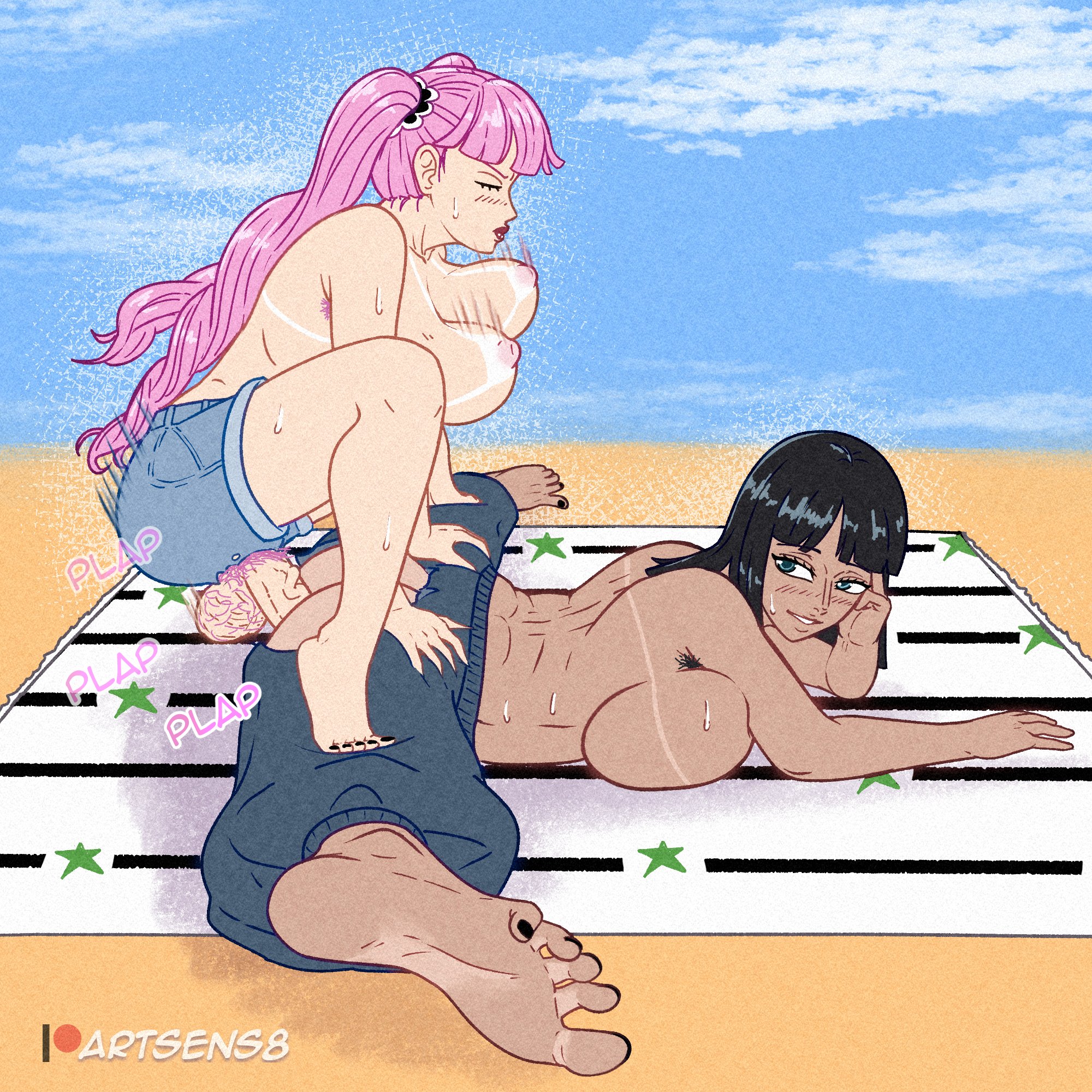 2d, 2girls, armpit hair, artsens8, barefoot, beach towel, clothing, dark hair, feet, feet focus, female, futa on female, futa penetrating, futanari, going all out, going down on, going full swing, intersex, nico robin, one piece, partially clothed, perona, pink hair, pubic hair, sand, soles, splits, spreading legs, sweat, tanline, toes, toes spread