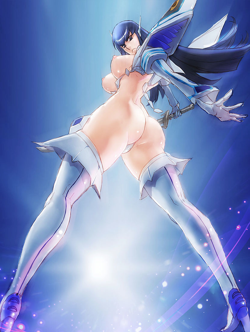 1girls areola armor ass bakuzan bikini_armor black_hair blue_eyes breasts c_string dat_ass female high_heels hourglass_figure junketsu kill_la_kill kiryuuin_satsuki komoesuta_coin long_hair nipples solo sword thigh_boots thong weapon