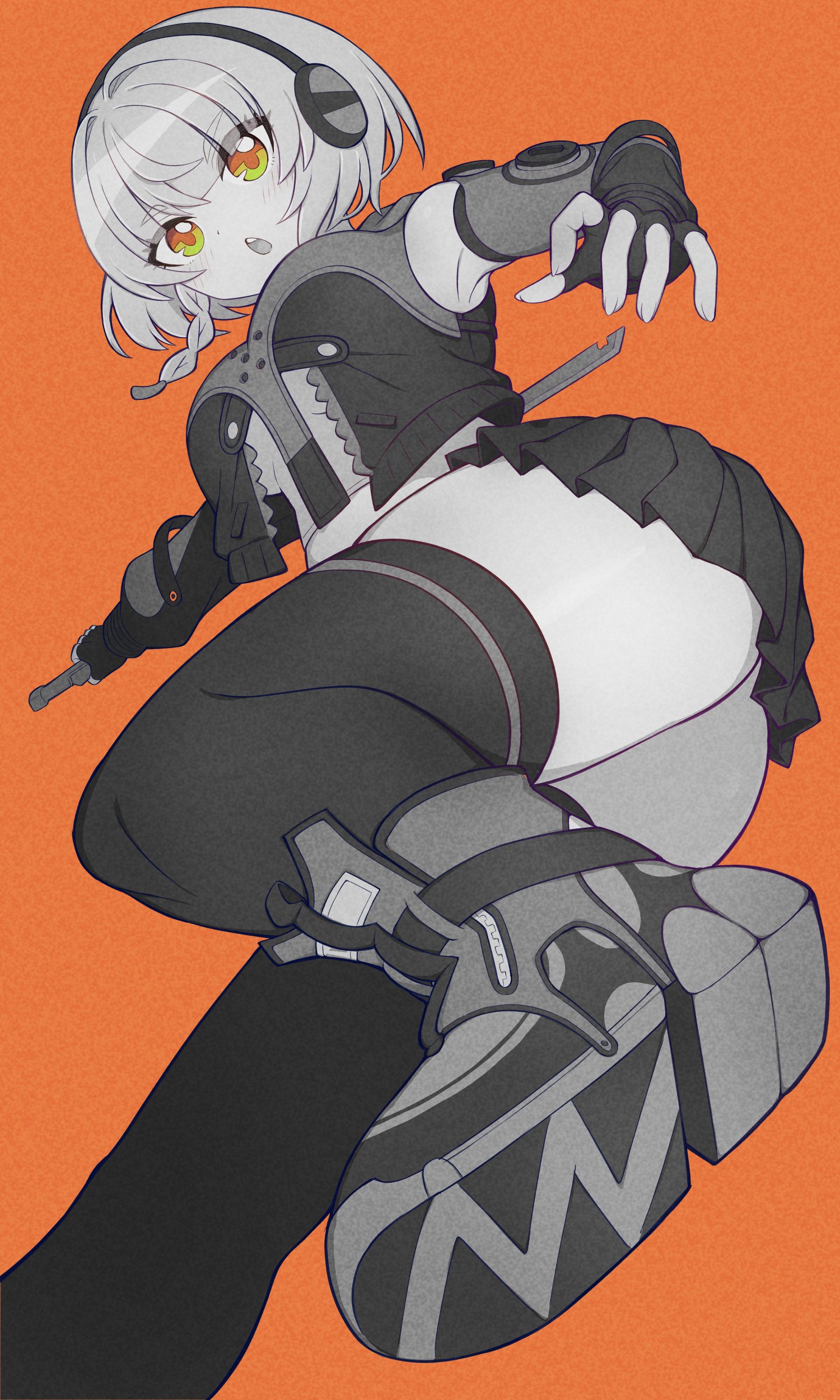 1girls, absolute territory, anby demara, ass, bangs, blush lines, bob cut, braid, breasts, curvy, detached sleeves, eyebrows visible through hair, female, female only, fingerless gloves, gloves, green eyes, grey hair, headphones, holding object, holding sword, hoyoverse, jacket, looking at viewer, midriff, nishitin, open jacket, open mouth, orange background, orange eyes, shoes, simple background, single braid, skirt, slightly chubby, solo, solo female, sword, thigh highs, thighs, underboob, viewed from below, zenless zone zero