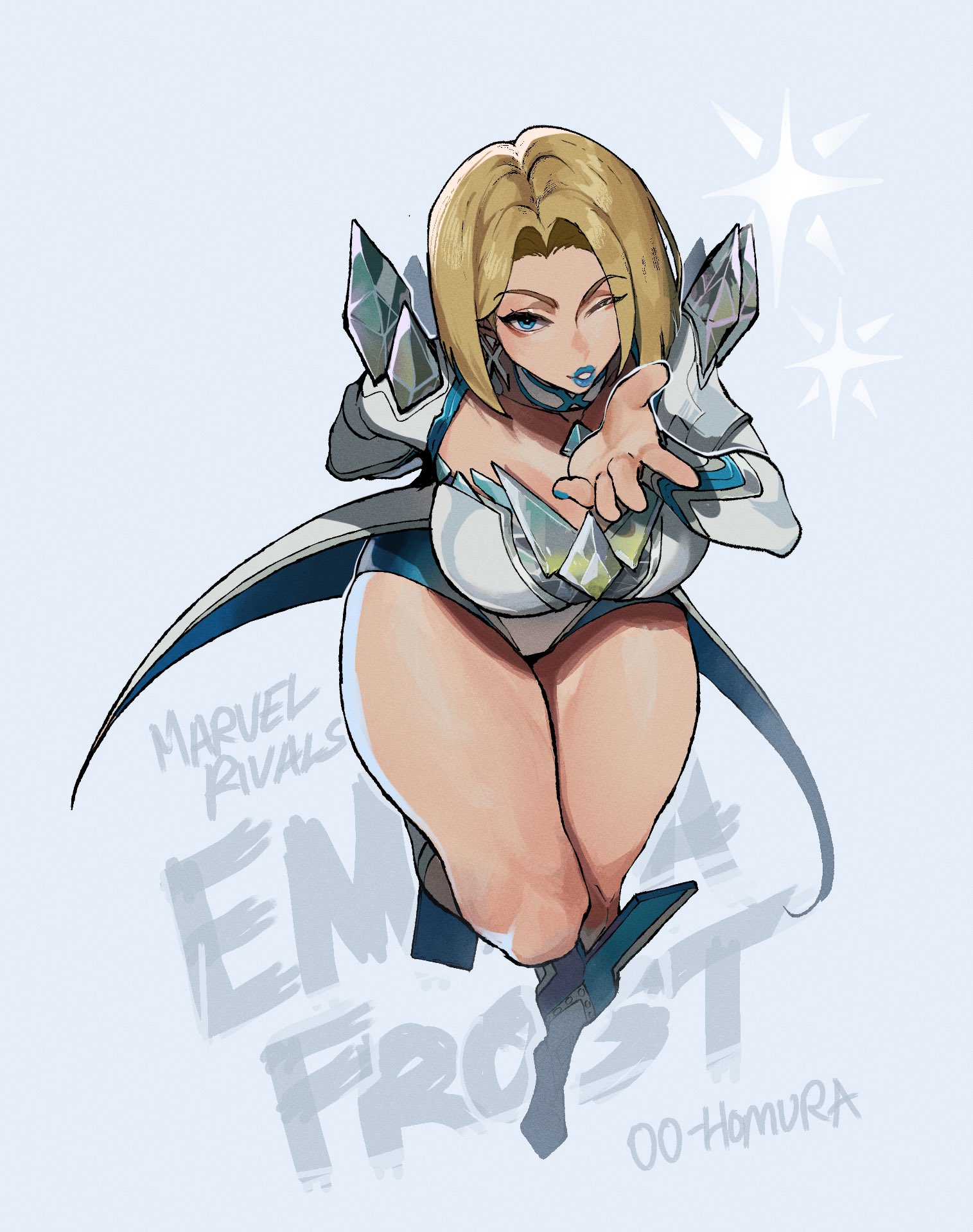00 homura, 1girls, 2d, blonde female, blonde hair, blowing kiss, blue eyes, blue lipstick, blue nails, bob cut, boots, breasts, clothed, clothed female, emma frost, emma frost (marvel rivals), female, female focus, female only, hi res, high heel boots, high heels, large breasts, light skin, light-skinned female, lipstick, looking at viewer, marvel, marvel comics, marvel rivals, nail polish, simple background, solo, tagme, thiccwithaq, thick thighs, thighs, voluptuous female, wide hips, x-men