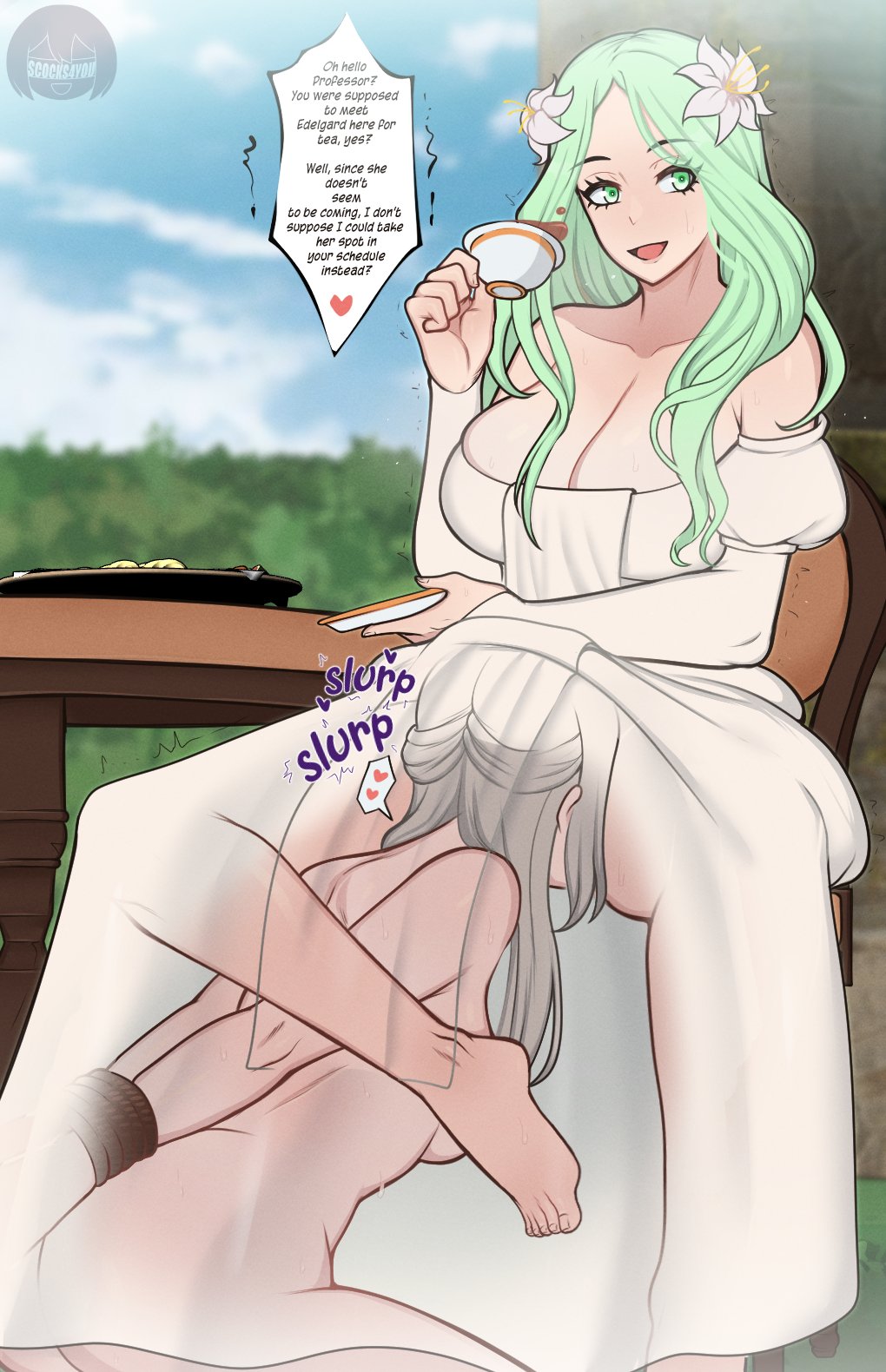 arms_tied barefoot bondage bound cleavage commission commissioner_upload cunnilingus dress edelgard_von_hresvelg english_text female female_focus femdom femsub fire_emblem fire_emblem:_three_houses hidden_sex older_female rhea_(fire_emblem) rope scocks4you stealth stealth_cunnilingus text under_clothes white_dress yuri