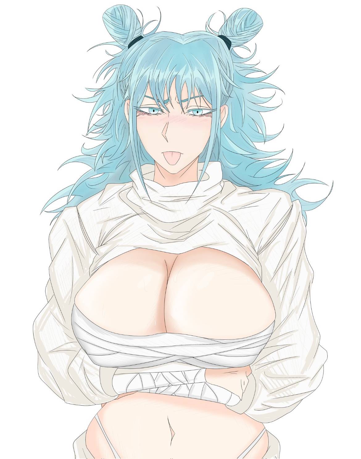 arms crossed, arms under breasts, bandage, bandages, belly, big breasts, big bum, blue eyes, blue hair, breasts, bum, cleavage, cleavage overflow, cute, cute face, darkmonday21, double bun, female, female focus, female only, genderswap (mtf), jujutsu kaisen, kashimo hajime, looking at viewer, rule 63, sexy, sexy body, sexy female, solo, solo female, solo focus, thong straps, tongue, tongue out