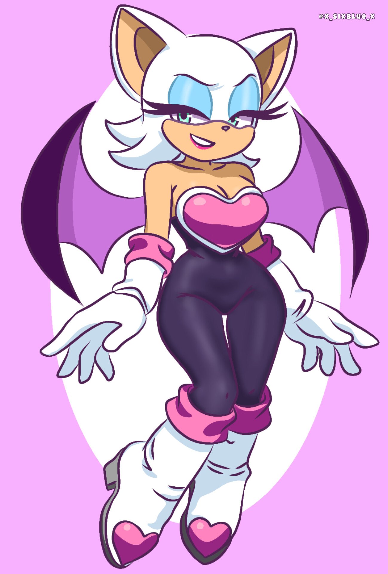 1girls, anthro, bat, bat wings, blue eyes, boots, breasts, chiropteran, cleavage, clothed, female, gloves, heart shape, mobian (species), rouge the bat, seductive, seductive eyes, seductive look, seductive pose, seductive smile, smile, sonic (series), sonic the hedgehog (series), tagme, tagme (artist), white boots, white gloves, white hair, wings