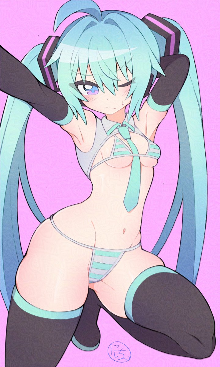 1girl, ahoge, aqua hair, armpits, arms up, bikini, black thighhighs, blue eyes, blush, boots, breasts, closed mouth, curvy figure, detached sleeves, female, female only, hatsune miku, hatsune miku (collared bikini), long hair, looking at viewer, micro bikini, navel, necktie, nishitin, one eye closed, pink background, simple background, skindentation, small breasts, solo, striped, striped bikini, swimsuit, thigh boots, thighhighs, thighs, twintails, very long hair