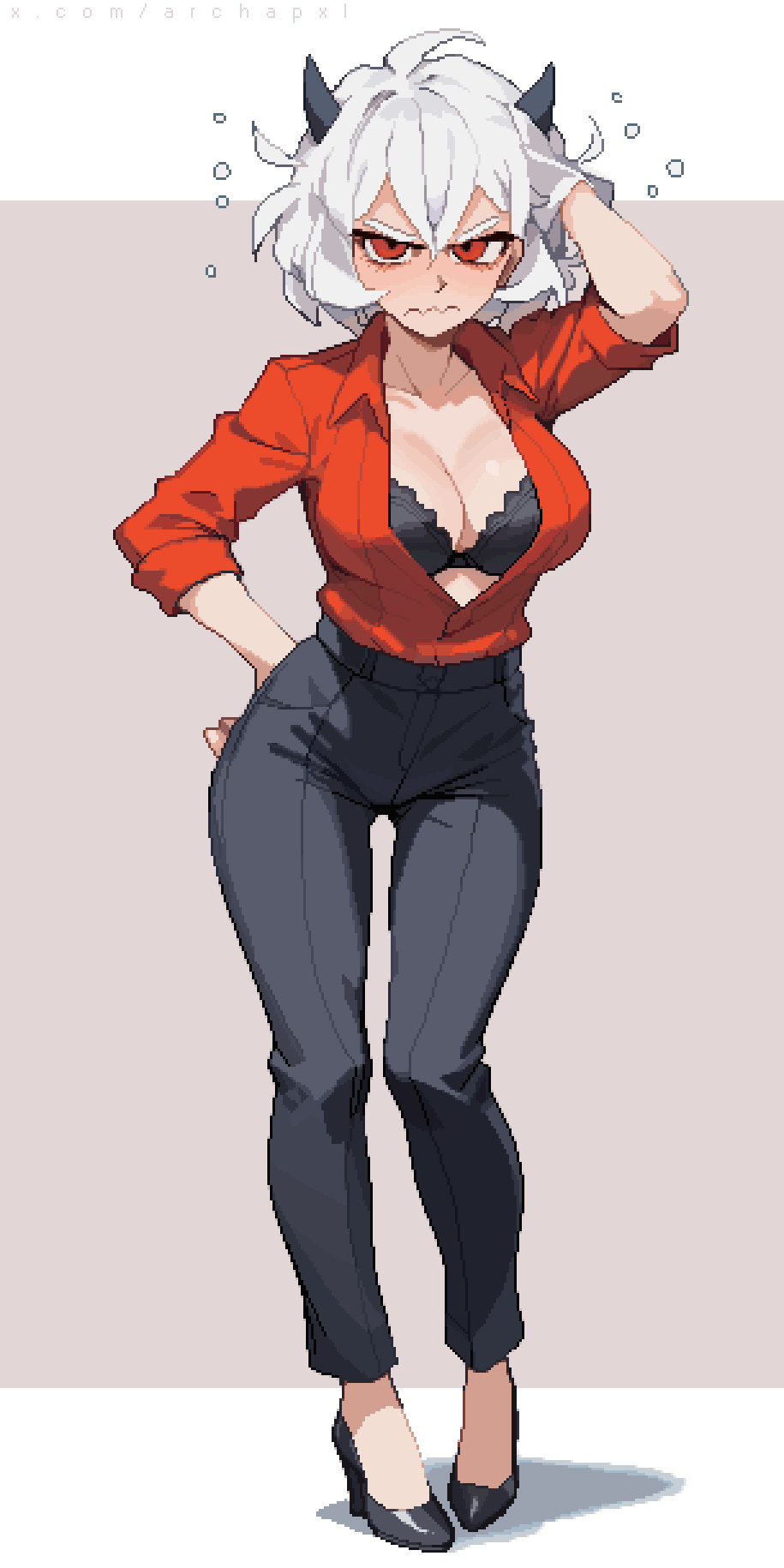 1girls 2d archapxl cleavage female fully_clothed heels helltaker horns light_skin looking_at_viewer malina_(helltaker) pixel_art red_eyes solo solo_female tagme white_hair