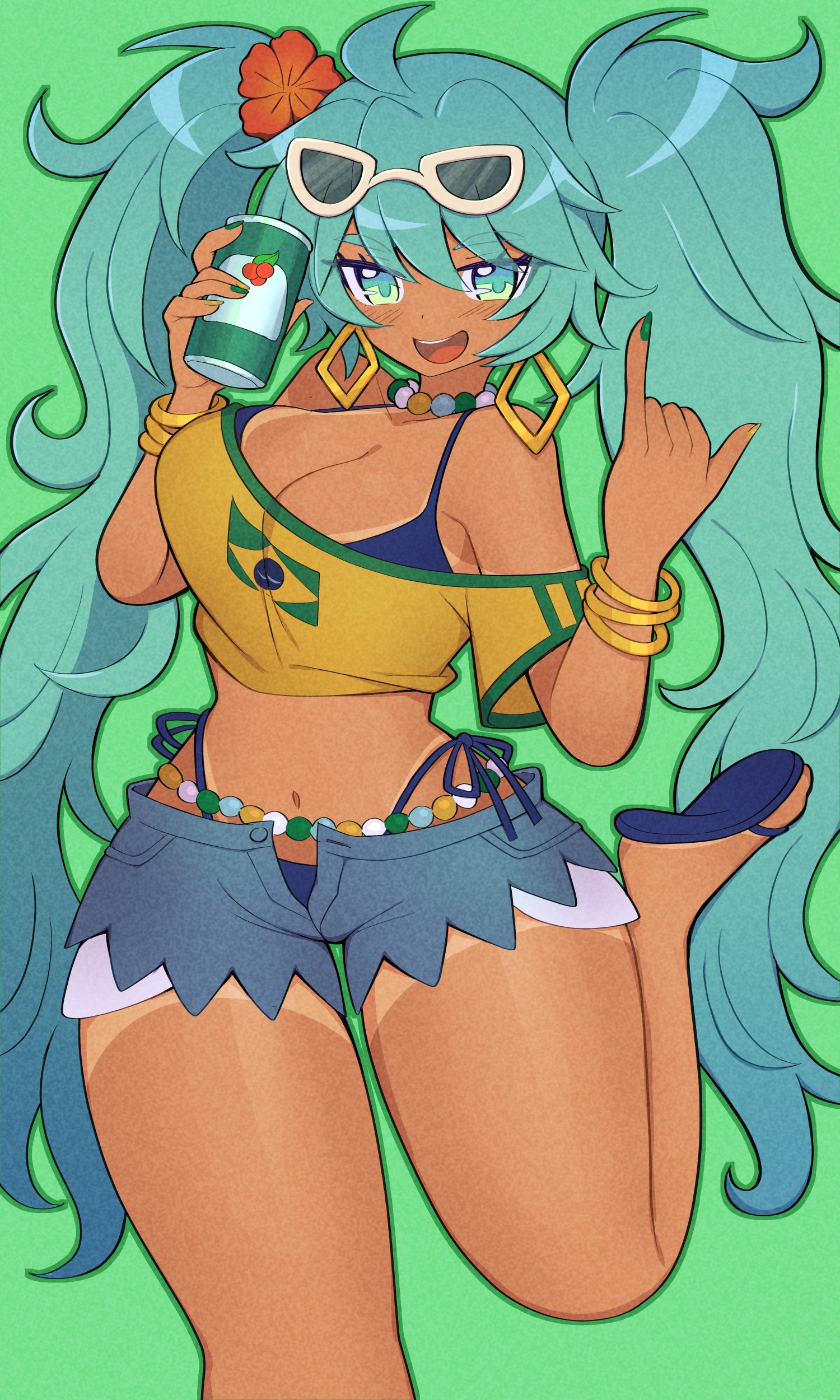 :d, 1girl, ahoge, aqua eyes, aqua hair, aqua nails, bikini, bikini under clothes, blue hair, blue shorts, bracelet, brazilian miku, breasts, cleavage, crop top, dark skin, dark-skinned female, denim, denim shorts, earrings, eyewear on head, female, female only, flower, green background, green eyes, green nails, hair flower, hair ornament, hatsune miku, hibiscus, highleg bikini, holding, hoop earrings, jewelry, large breasts, leg up, long hair, looking at viewer, midriff, nail polish, navel, necklace, nishitin, off shoulder, open fly, open mouth, red flower, sandals, shirt, shorts, shoulders, side-tie bikini bottom, simple background, smile, solo, standing on one leg, sunglasses, sunglasses on head, swimsuit, tan, tan body, tanlines, teeth, thighs, twintails, upper teeth only, very long hair