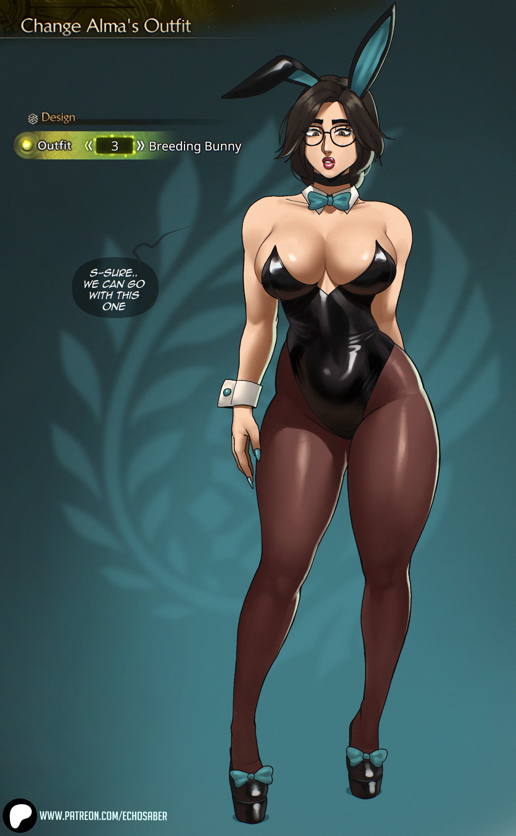 1girls, alma (monster hunter wilds), alternate costume, big breasts, breasts, brown hair, bunnysuit, echosaber, english text, female, glasses, monster hunter, monster hunter wilds, speech bubble, thick thighs
