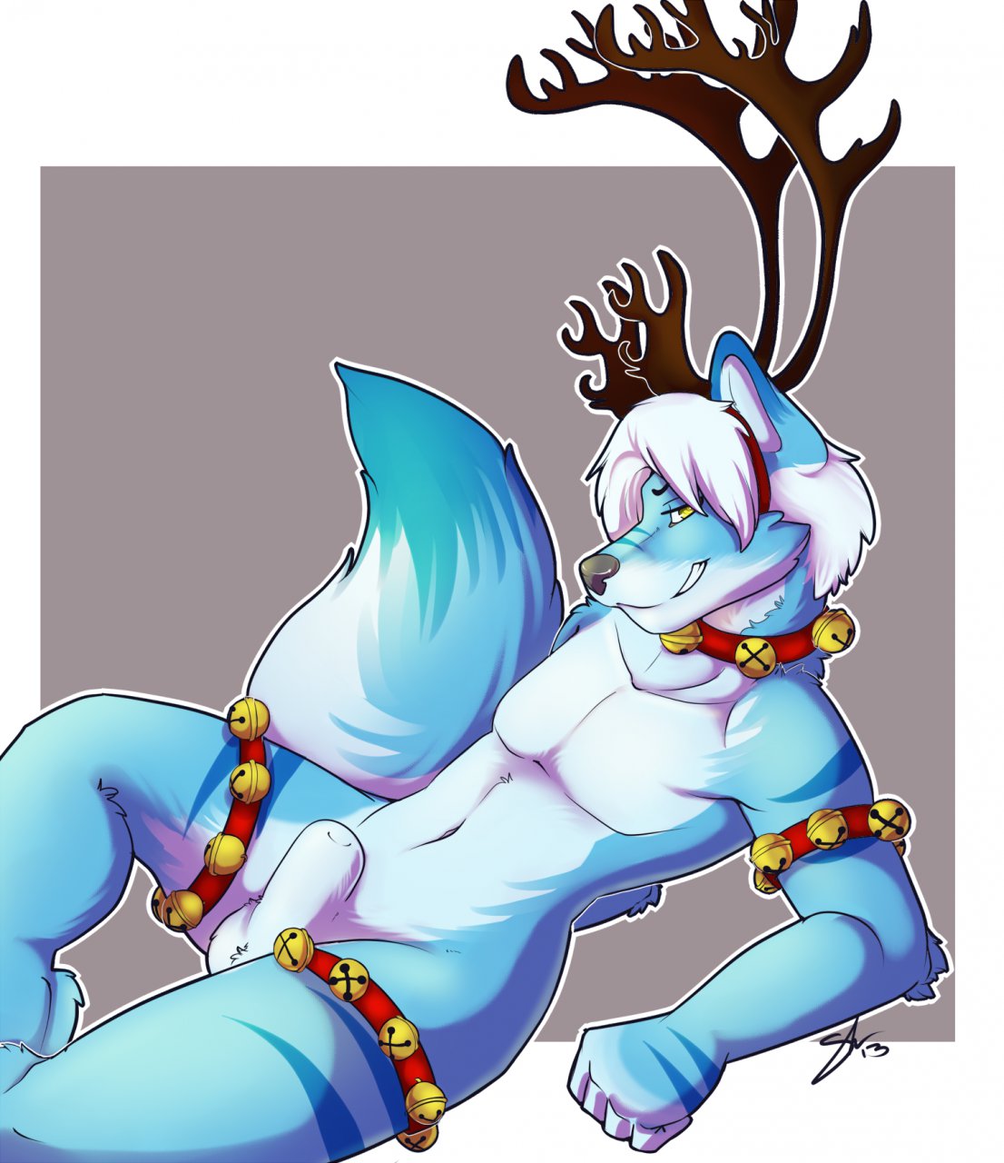 anthro antlers balls barrakoda bell blue_fur canine christmas costume fur furry furry_only hair holidays horn looking_at_viewer male male_only nude pinup pose reclining shariea sheath solo white_hair wolf yellow_eyes