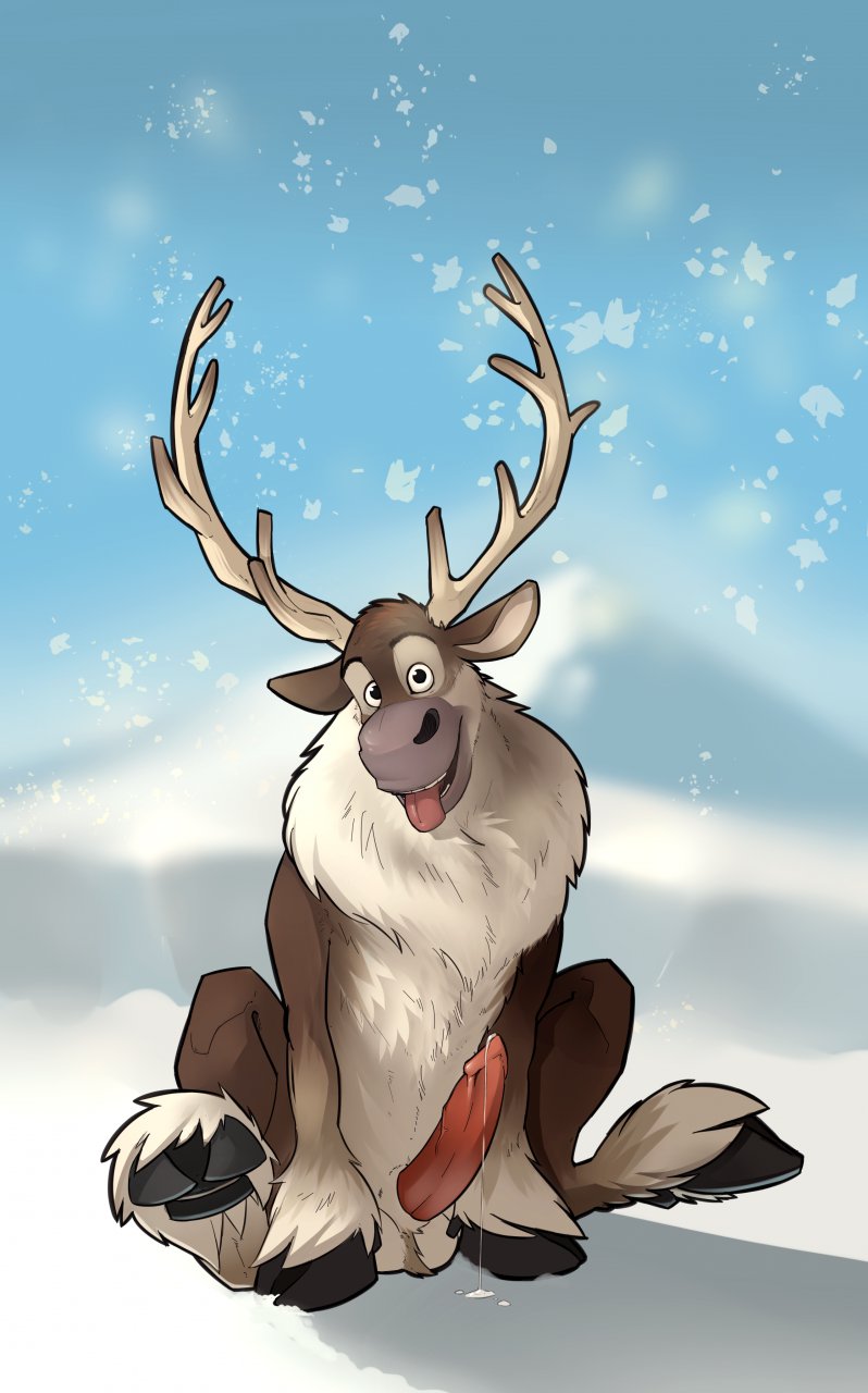 antlers balls cervine color day disney erection feral frozen_(film) fur horn looking_at_viewer male male_only no_swift nude outdoors penis precum reindeer seated snow solo spread_legs spreading sven_(frozen) testicles tongue tongue_out