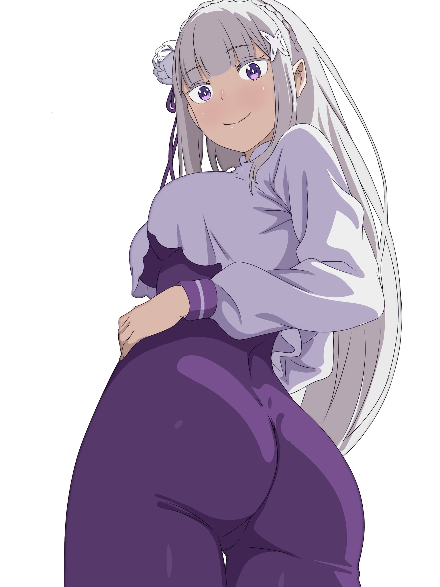 1girls, ass, ass focus, back view, elf, elf ears, elf female, emilia (re:zero), female, from below, fully clothed, looking at viewer, looking back, low-angle view, purple eyes, re:zero kara hajimeru isekai seikatsu, silver hair, solo, standing, unitard, white background, white cloak