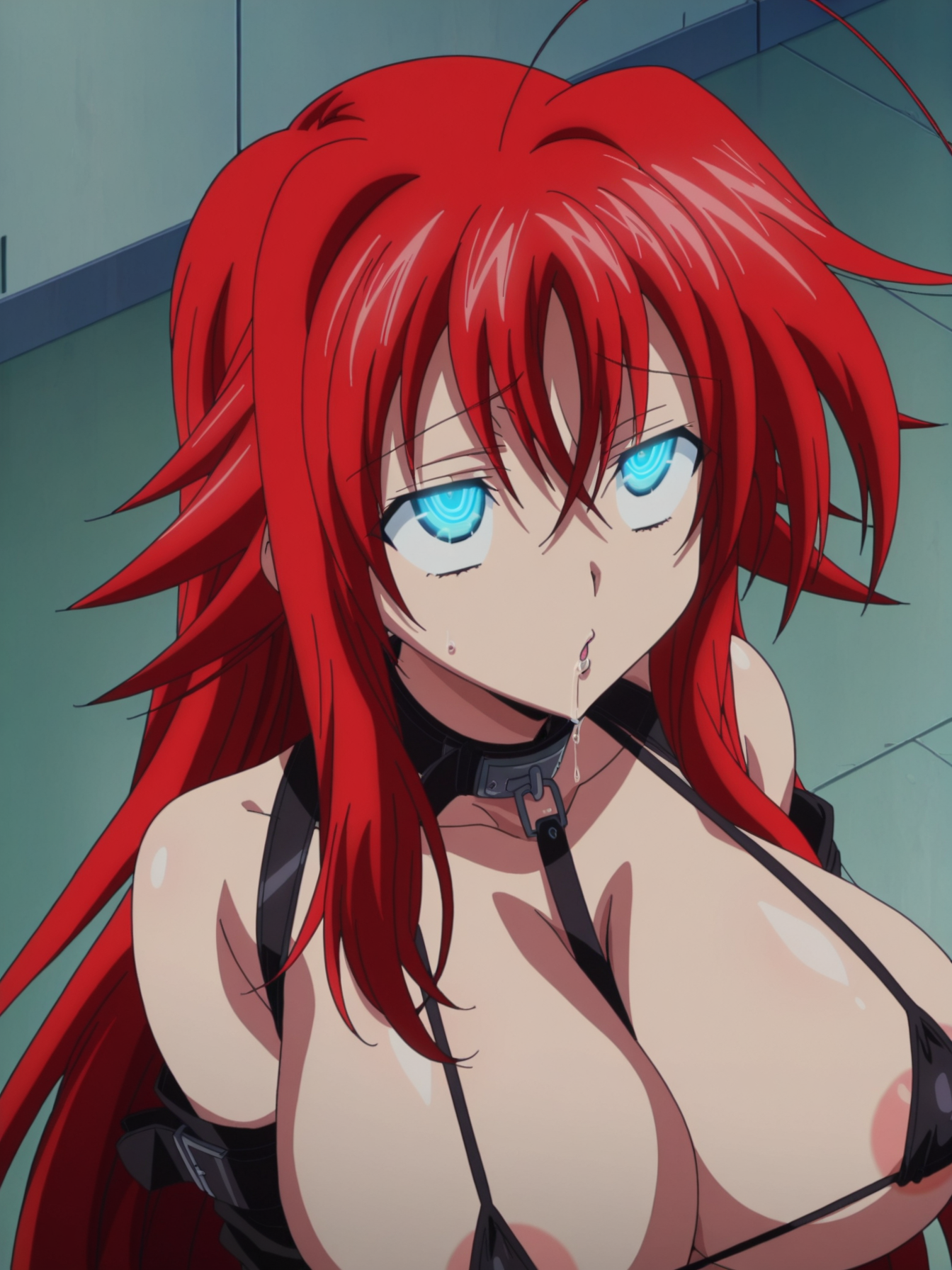 1girls, ahoge, ai assisted, ai generated, ass, blue eyes, bondage, breasts, collarbone, drooling, female, female only, high school dxd, huge breasts, hypnosis, hypnotic eyes, large ass, large breasts, leash, light-skinned female, mind control, nipples, red hair, rias gremory, slave, sling bikini, slingshot bikini, solo