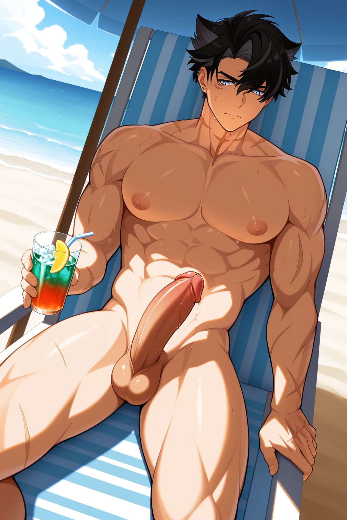ai generated, bara, gay, genshin impact, male, male focus, male only, muscui, muscular, muscular male, ruin50001, wriothesley (genshin impact), yaoi