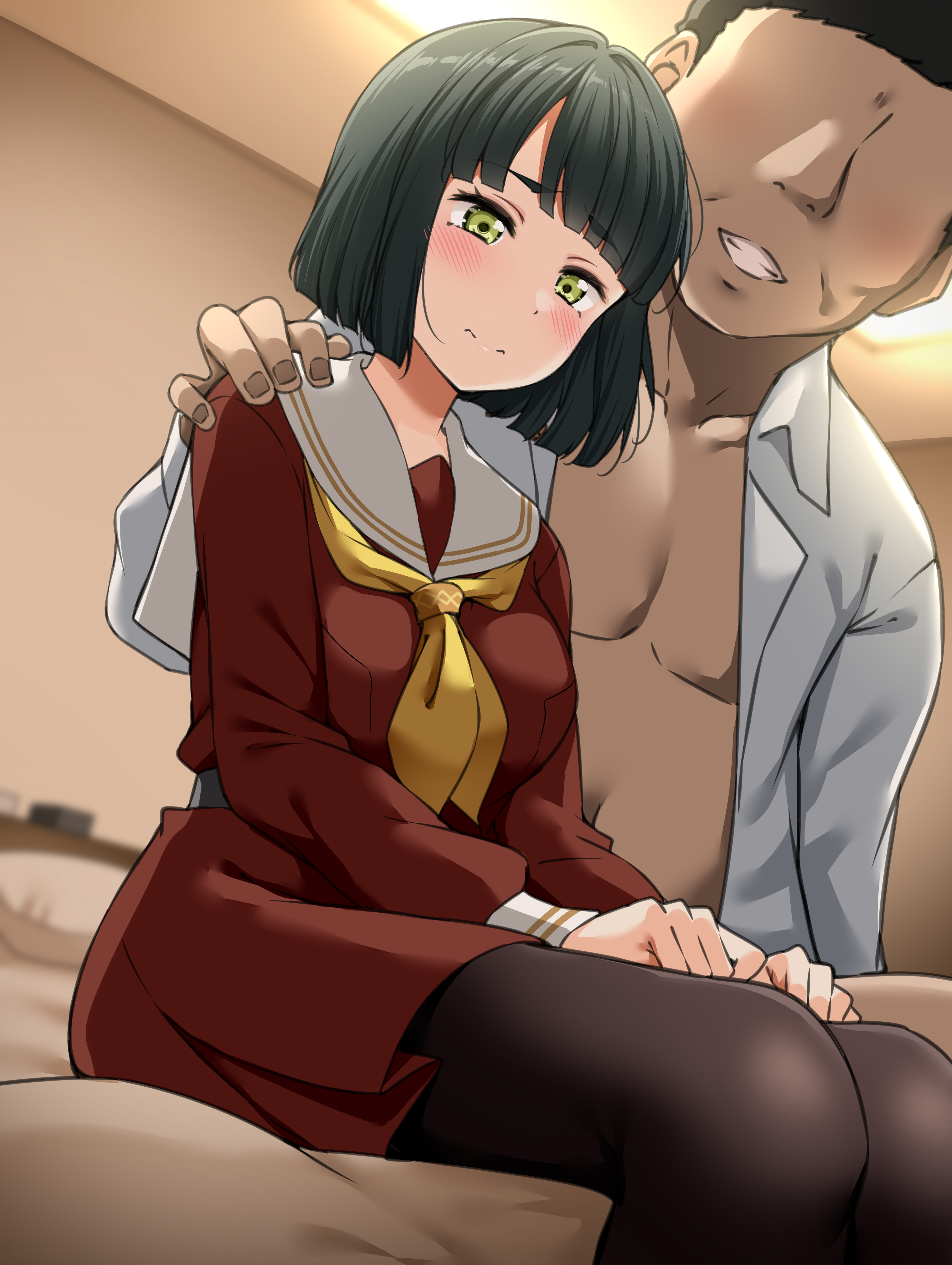 age difference, female, hesitant, hotel room, imminent rape, imminent sex, link! like! love live!, love live!, male, middle aged man, momose ginko, old male, older male, older male and younger female, on bed, prostitution, scared expression, school uniform, schoolgirl, tagme, teenage female, tricked into sex, unconsentual prostitution, virtual youtuber, yopparai oni, younger female