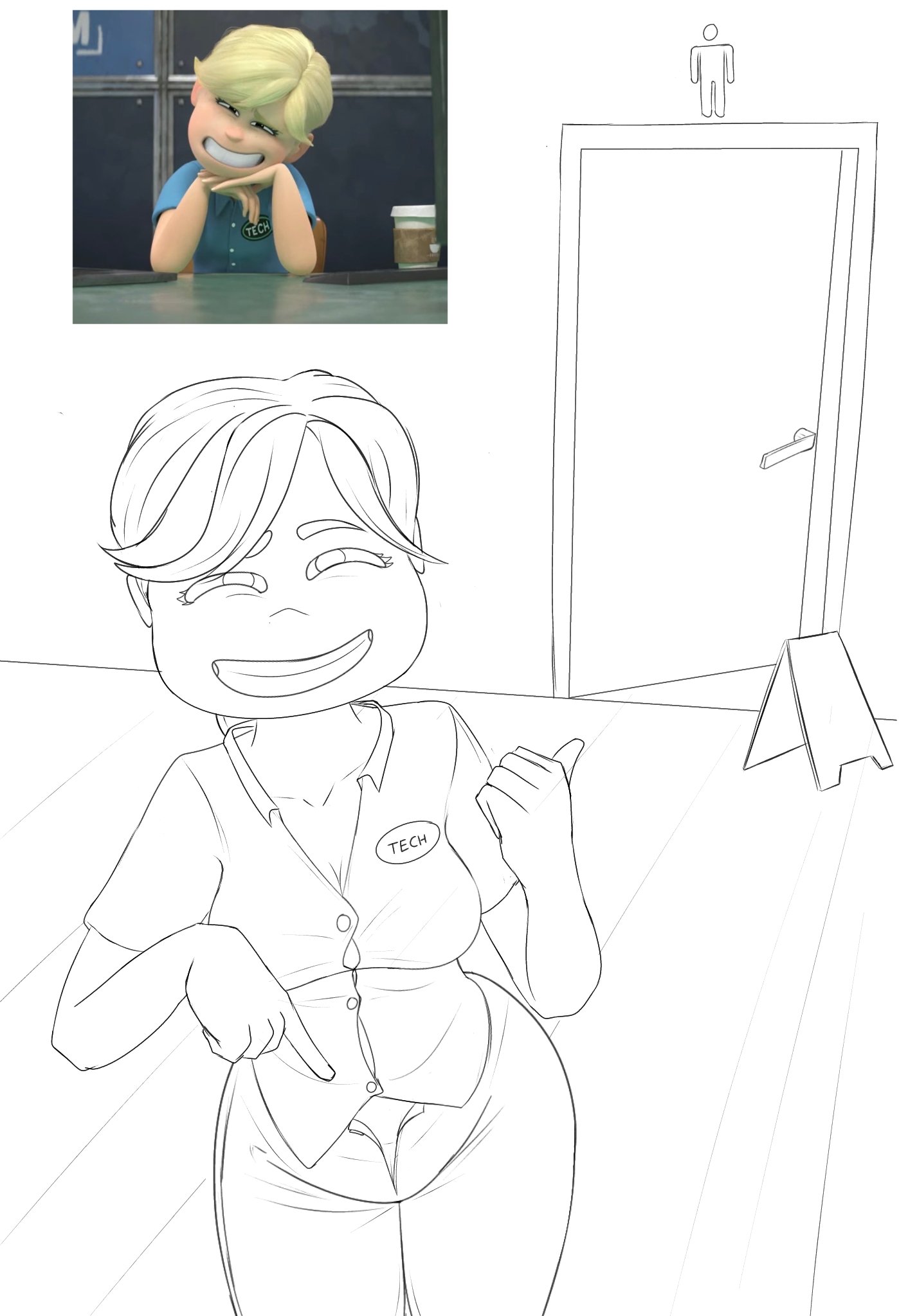 background character, bathroom, big boobs, blonde female, blonde hair, boobs, fanart, female, female focus, inminent sex, looking at viewer, open pants, pointing at penis, ponytail, public restroom, sketch, smile, smiling, smiling at viewer, solo female, tech team girl (the bad guys 2), the bad guys, the bad guys 2, work uniform