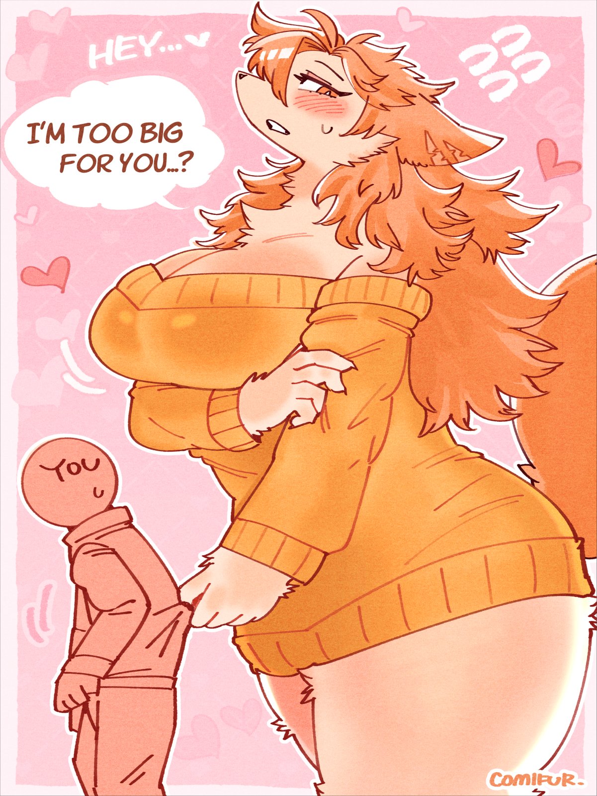 anon anthro big_breasts big_thighs breasts comifur female furry giantess huge_breasts larger_female loomy_(comifur) male smaller_male sweater taller_anthro taller_girl you