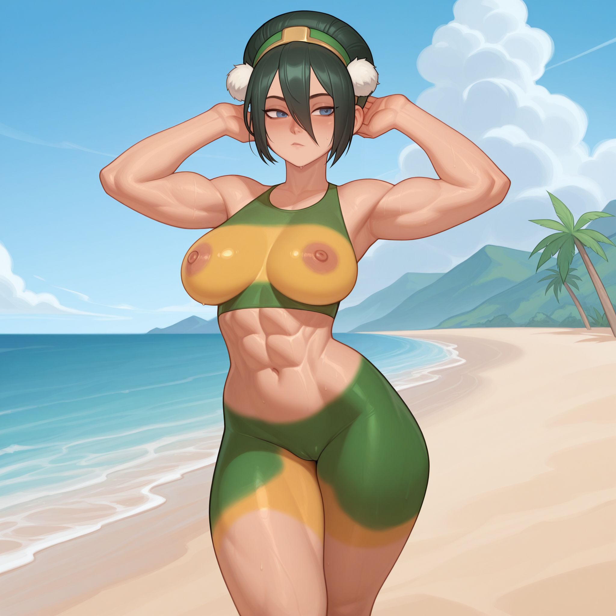 aged up, ai generated, arm under breasts, avatar legends, avatar the last airbender, big breasts, black hair, bodypaint, breasts, busty, female, female only, green eyes, headband, looking at viewer, nickelodeon, painted clothes, thick thighs, thighs, tied hair, toph bei fong