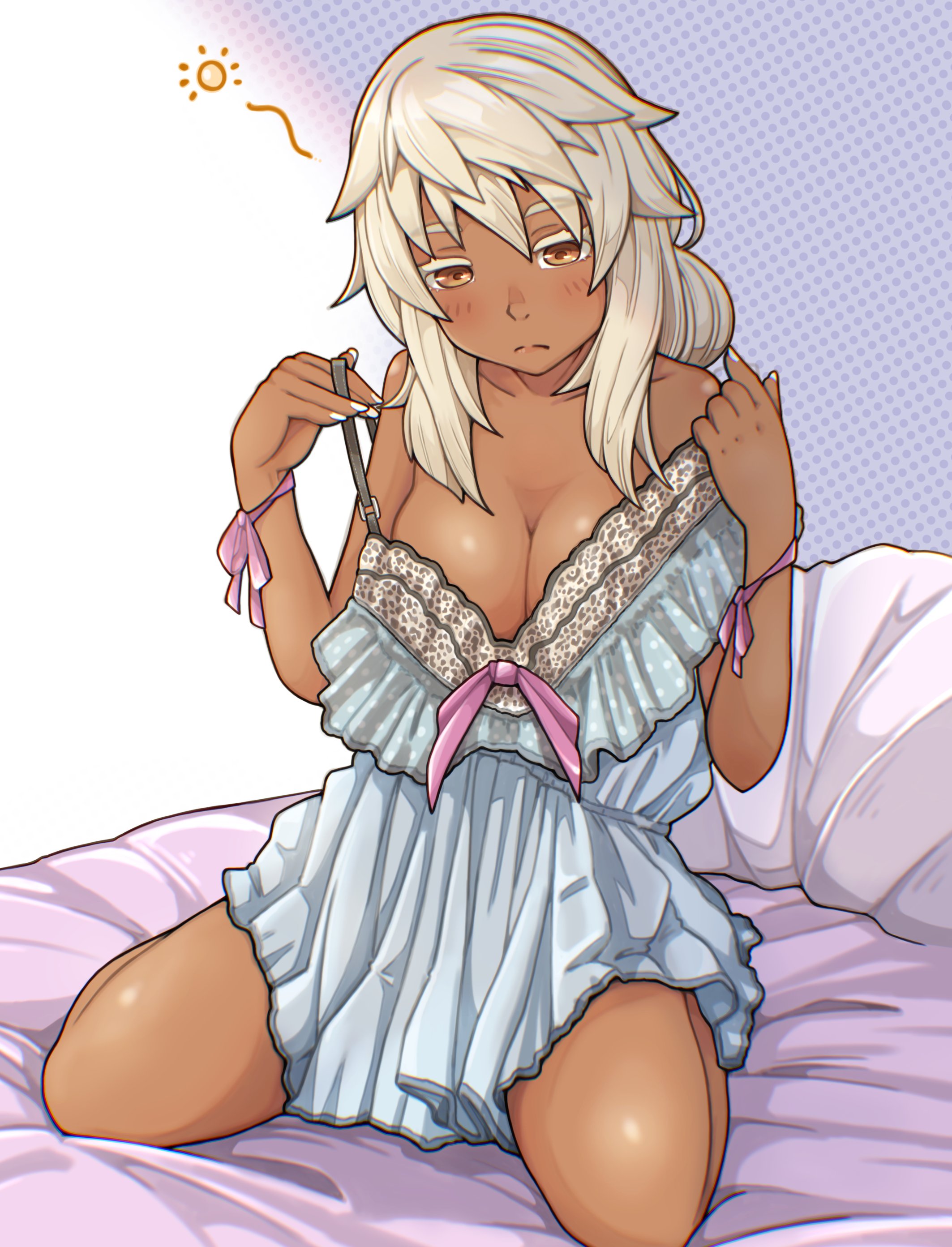 1girls, arc system works, bed, blonde hair, cleavage, dark skin, dark-skinned female, female, guilty gear, nightdress, nightgown, ramlethal valentine, sleepy, sugag, sugagsugag0524