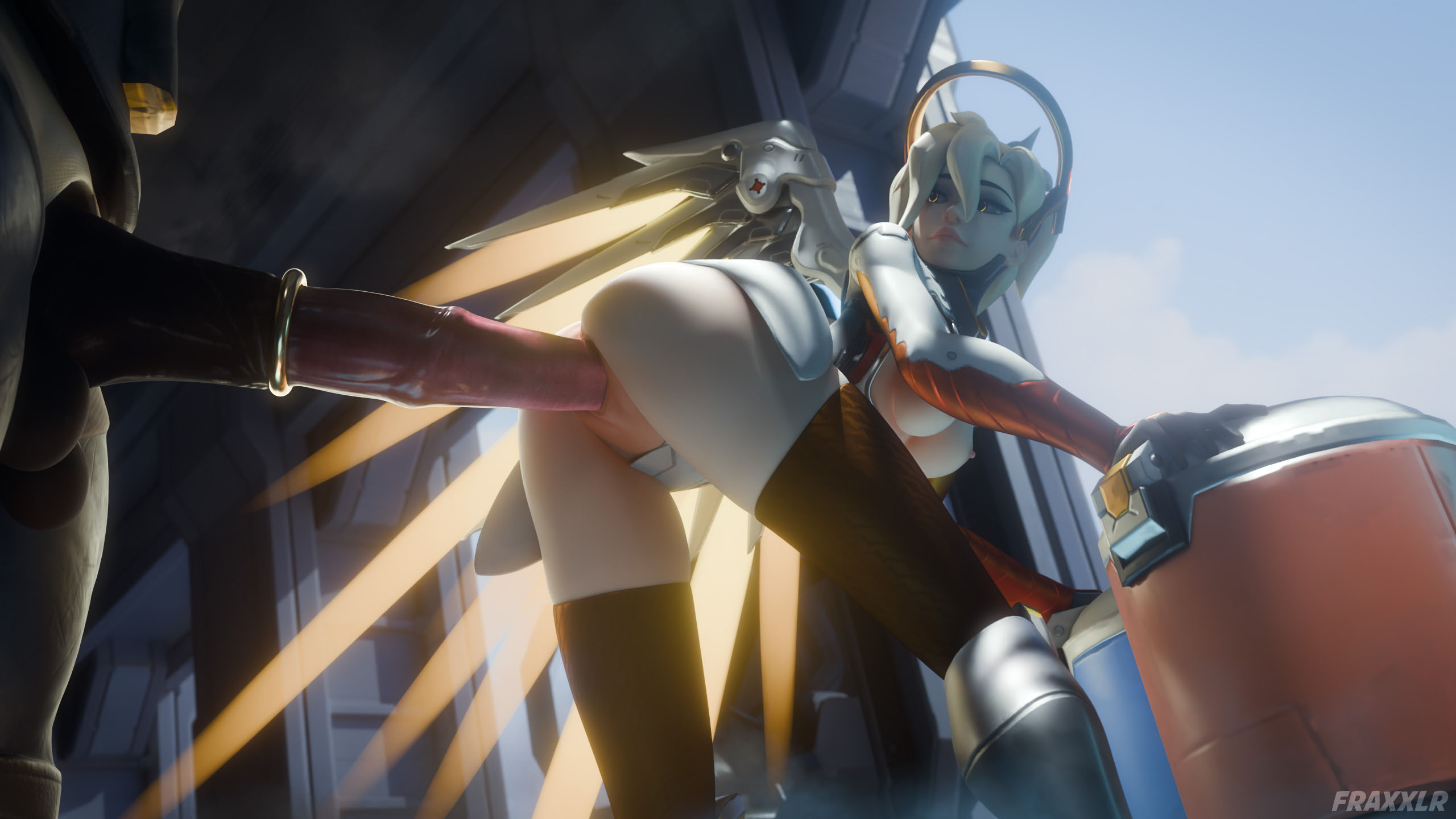 16:9 aspect ratio, 1boy, 1girls, 3d, animal, animal genitalia, animal penis, ass, balls, blonde hair, blue eyes, breasts, clothing, equine penis, erection, female, fraxxlr, halo, high ponytail, high resolution, horse penis, horsecock, interspecies, large breasts, legwear, lips, looking back, male, mechanical halo, mechanical wings, medium breasts, mercy, minotaur, nipples, nose, object insertion, overwatch, overwatch 2, penis, ponytail, pussy, sex, sex toy, solo focus, straight, testicles, thighhighs, tied hair, torn clothes, vagina, vaginal penetration, wings, yellow wings