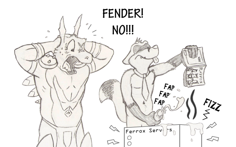 anthro caption cum cumshot dialog dragoneer fender furaffinity furry furry_only gay magazine male male_only necktie orgasm penis plain_background shocked sketch text white_background