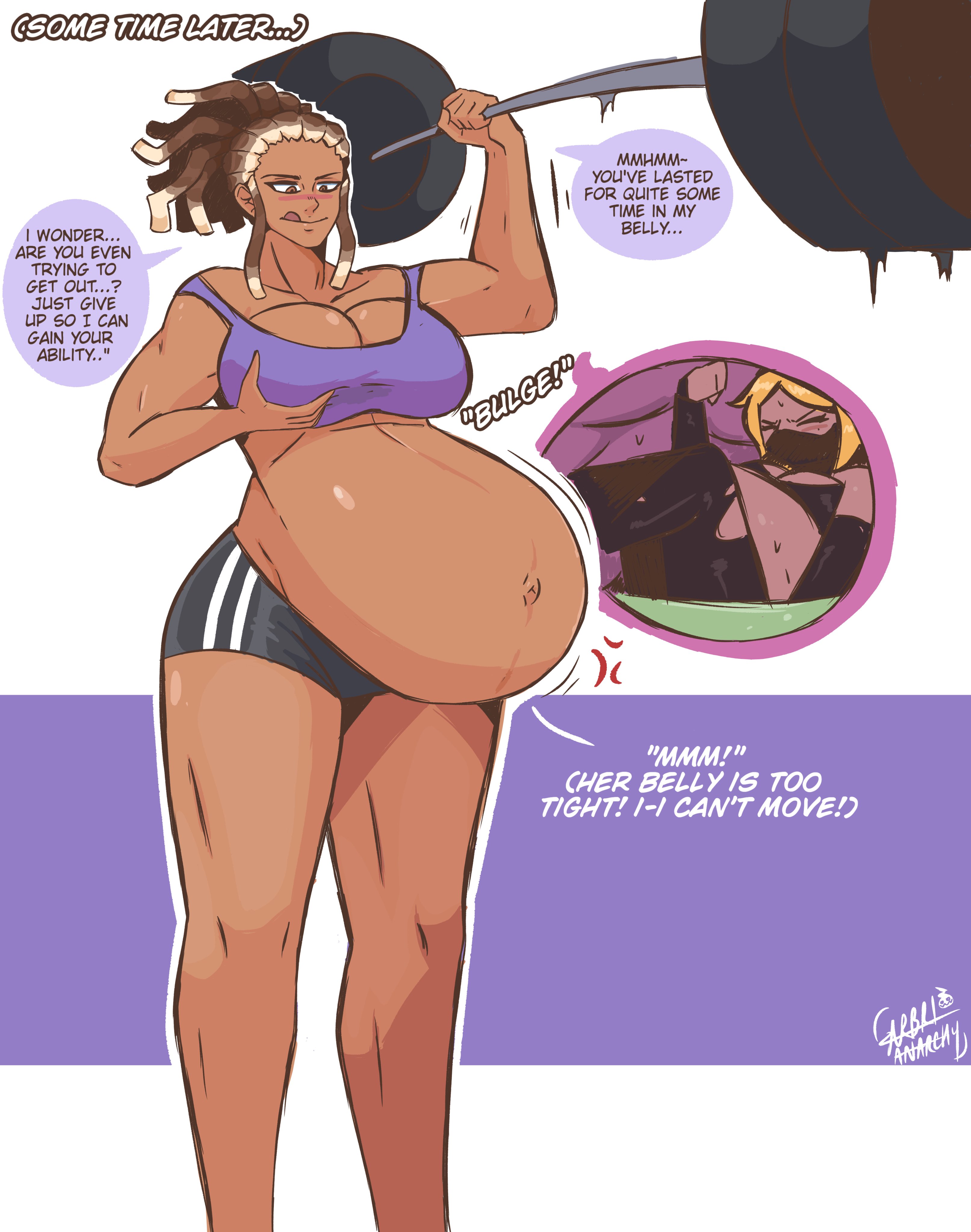 arbrianarchy, english dialogue, english text, female, lifting weight, pregnant, pregnant female, vore, vore belly