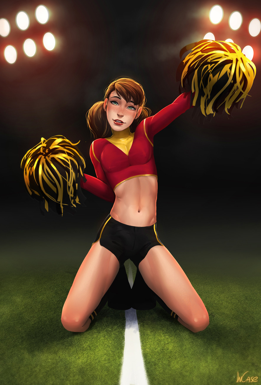 1boy, androgynous, bulge, cheerleader, cheerleader uniform, crossdressing, femboy, freckles, ginger, girly, green eyes, incase, lipstick, male, male cheerleader, male only, penis, penis bulge, pom poms, red hair, solo, teenager, trap, twintails