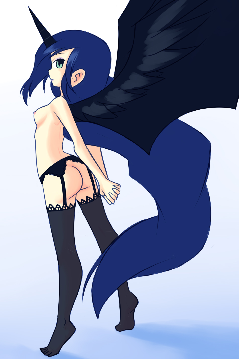 arms_behind_back ass black_legwear breasts dark_persona drantyno female friendship_is_magic garter garter_straps green_eyes hands_together horn human humanized long_hair looking_at_viewer my_little_pony nightmare_moon_(mlp) nipples nude personification princess_luna_(mlp) sideboob simple_background slit_pupils small_breasts solo standing thighhighs tiptoes very_long_hair wings