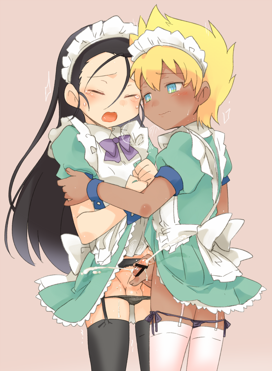 2boys androgynous apron bakusou_kyoudai_let's_and_go balls balls_in_panties ballsack bar_censor black_hair blonde_hair blush bow byoukitakashi censored closed_eyes crossdressing cum dark-skinned_femboy dark-skinned_male dark_skin dress dress_lift ejaculation erection femboy foreskin garter_belt garter_straps gay green_eyes hair_down handjob highres human intact j_"jay" long_hair lowleg lowleg_panties maid_headdress male male_only open_mouth panties partially_retracted_foreskin penis penis_under_apron penis_under_dress penises_touching scrotum shaved_crotch side-tie_panties simple_background smooth_penis takaba_ryo tears testicles thighhighs trap trap_on_trap uncut underwear wavy_mouth wrist_cuffs yaoi