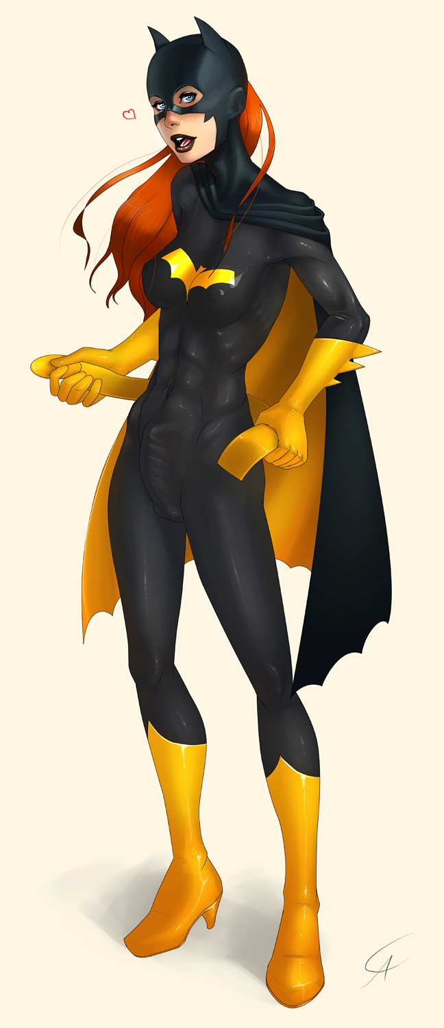 <3, 1futa, abs, barbara gordon, batgirl, batman (series), blush, cape, clothing, dc, dc comics, erection, erection under clothes, fully clothed, futa only, futanari, incase, intersex, lipstick, orange hair, penis, slim, superheroine, tagme