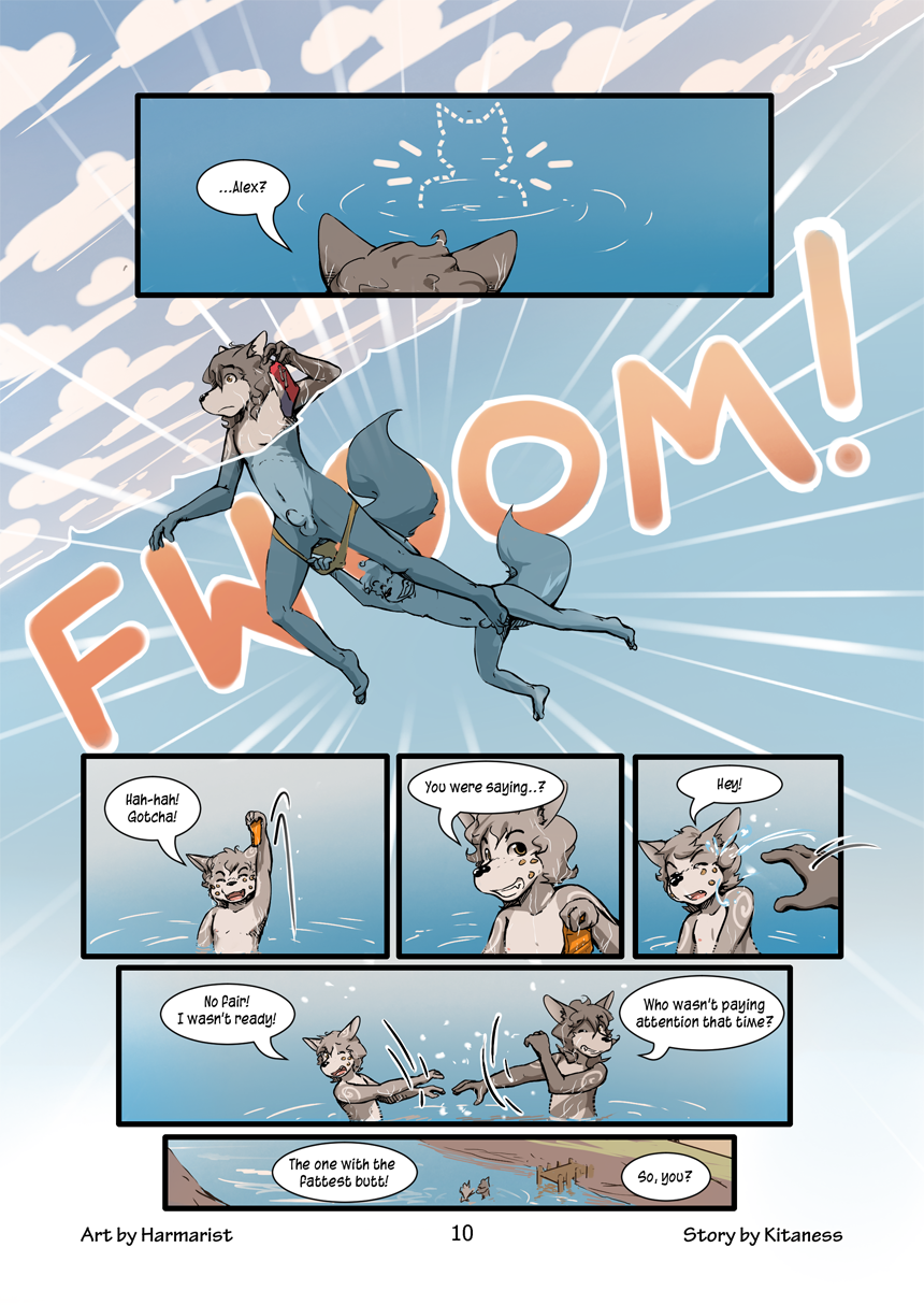 alex anthro brothers canine comic fur furry furry_only gay harmarist kitaness lake male male_only page_10 sheath_and_knife sibling swim underwater water will wolf