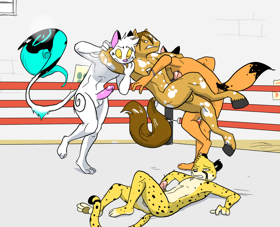 anthro canine cheetah equine erection feline fox furry furry_only gay group horse male male_only metal_(artist) metal_(character) nude penis sled_(sledmetodeath) steve_(smsfoxx) wrestling zach_(gamerfox)