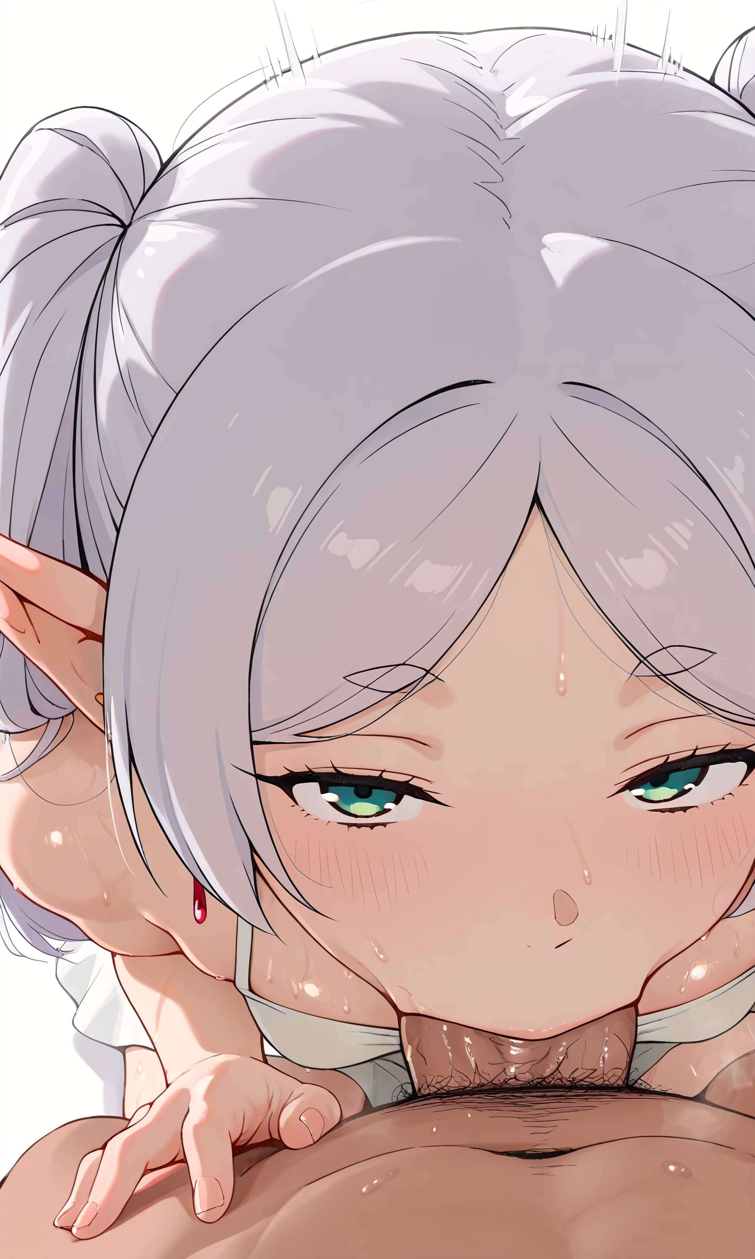 1boy, 1girls, ai generated, blowjob, blowjob face, blowjob pov, blush, breasts, deepthroat, elf, elf ears, elf female, elf girl, female, frieren, frieren beyond journey's end, from above, green eyes, hetero sex, kneeling, looking at viewer, male, musk, musk clouds, musky, musky cock, musky penis, on knees, penis, penis in mouth, shiny skin, simple background, sitting, sitting on lap, small breasts, sousou no frieren, steam, steaming body, steamy, straight, sweat, sweatdrop, sweating, sweaty, sweaty body, sweaty breasts, white background, white dress, white hair, white penis, white skin, yasosenpai