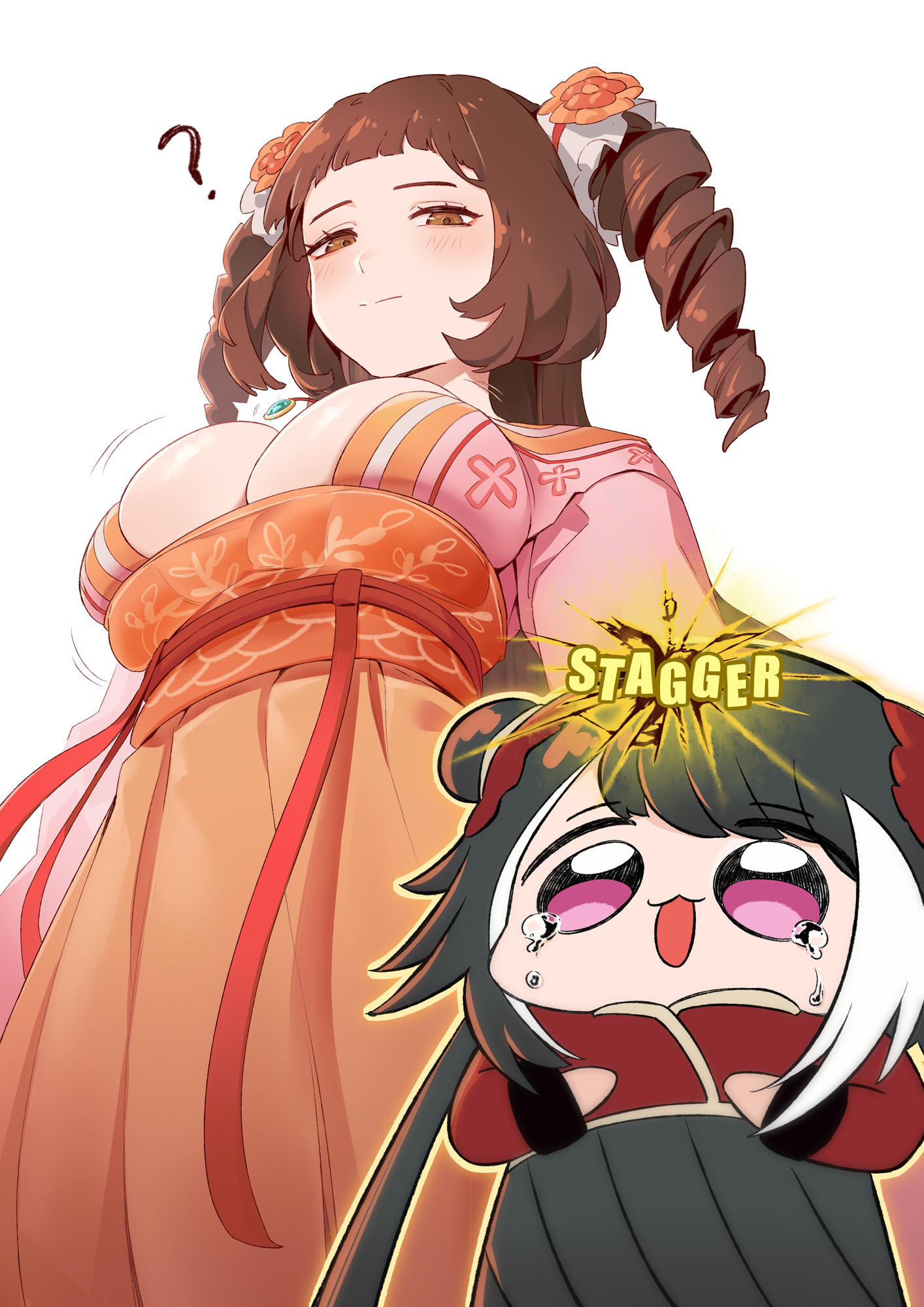 ?, 2girls, 7d nemuritai, big breasts, black hair, blush, breast envy, breasts, brown eyes, brown hair, bursting breasts, center opening, chibi, chinese clothes, cleavage, closed mouth, cute, dress, drill hair, female, female only, funny face, huge breasts, jia xichun (limbus company), large breasts, light skin, limbus company, long hair, looking down, necklace, open mouth, pink eyes, project moon, streaked hair, tears, tied hair, twin drills, twintails, white background, xichun creature, xue baochai
