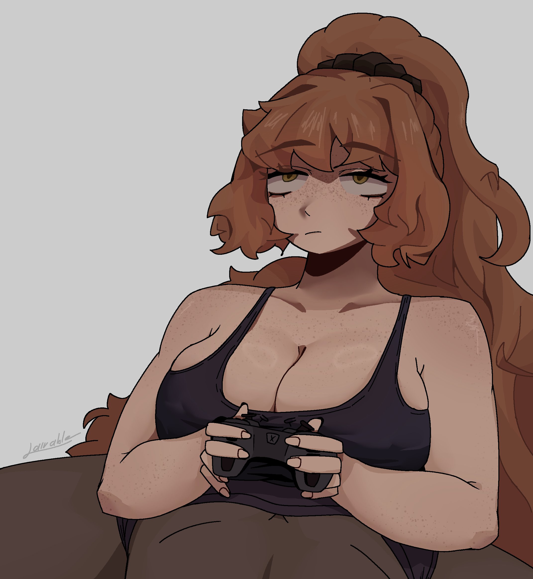 ass, bored, breasts, breasts bigger than head, chubby, chubby female, controller, fat, fat female, female, freckles, freckles on breasts, freckles on face, hair ornament, ishmael (limbus company), jairable, light skin, light-skinned female, limbus company, long hair, male, molar boatworks fixer ishmael (limbus company), orange hair, ponytail, project moon, red hair, shiny skin, sports bra, yellow eyes