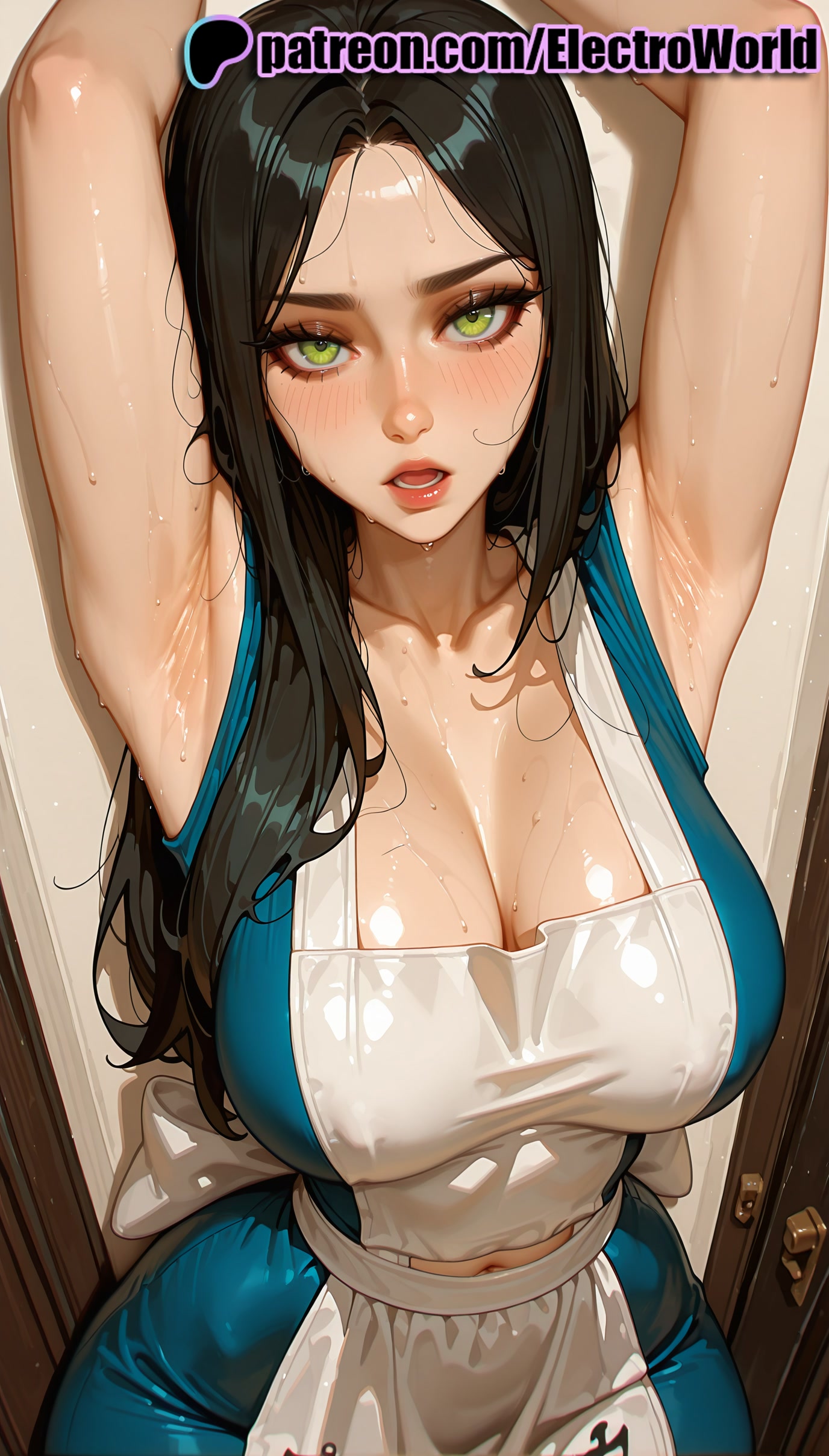 1girls, 2025, ai generated, alice (madness returns), alice in wonderland, alice liddell, alice madness returns, american mcgee's alice, apron, armpits, artist name, big breasts, big chest, black hair, blush, breasts, bust, busty, chest, cleavage, electroworld, female, green eyes, hi res, high quality, high resolution, highres, large breasts, long hair, patreon, patreon username, solo, stable diffusion, sweat, watermark