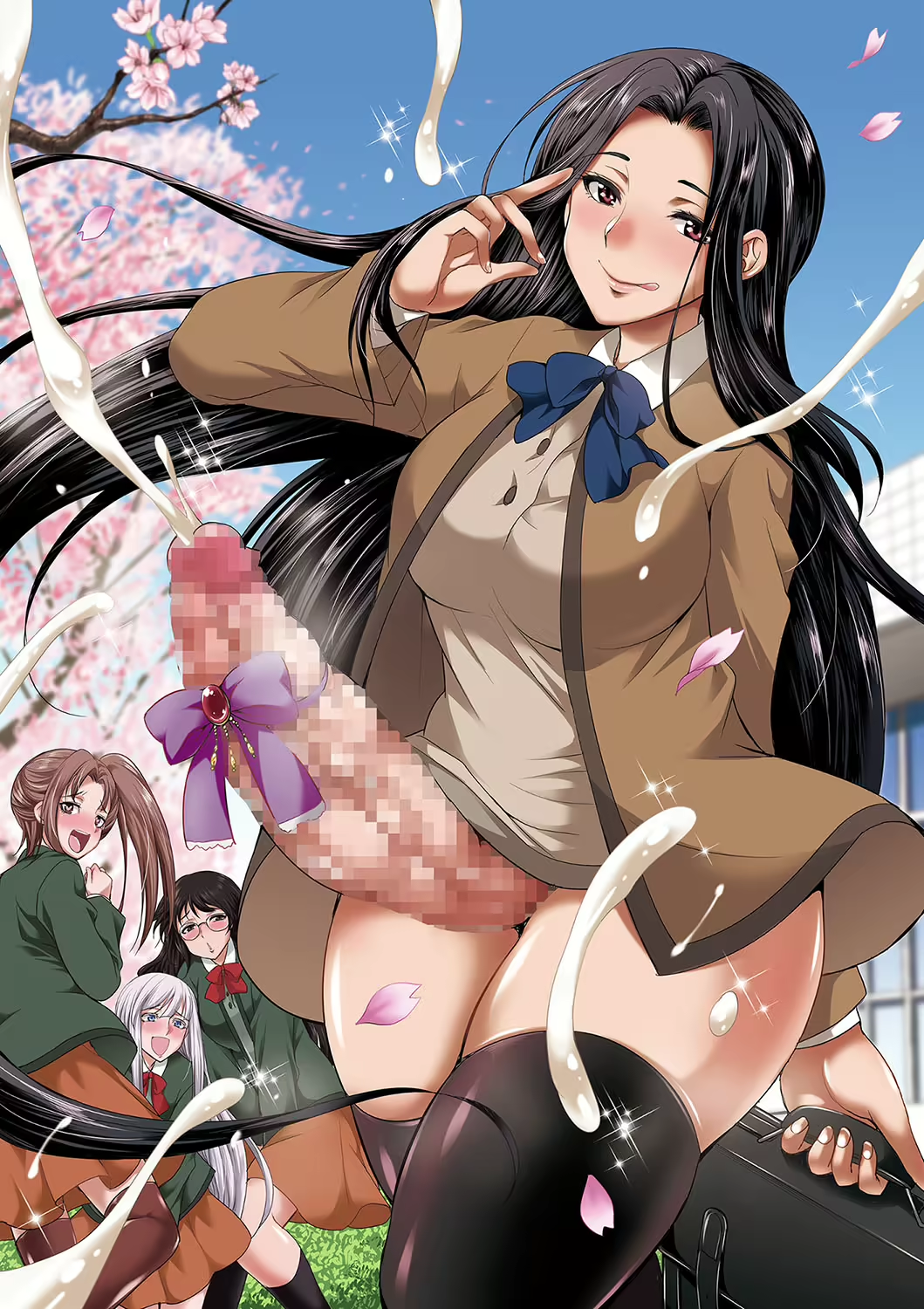 1futa 3girls beige_hair big_thighs black_hair black_socks blue_bowtie blushed_face bowtie brown_coat brown_eyes brown_hair cum cumming futanari gekka_kaguya_(urabata) huge_breasts huge_cock huge_cock in_love_with_cock long_hair no_skirt penis_out ponytail purple_bowtie sakura_tree school_uniform smiling smiling_at_viewer uniform walking white_hair